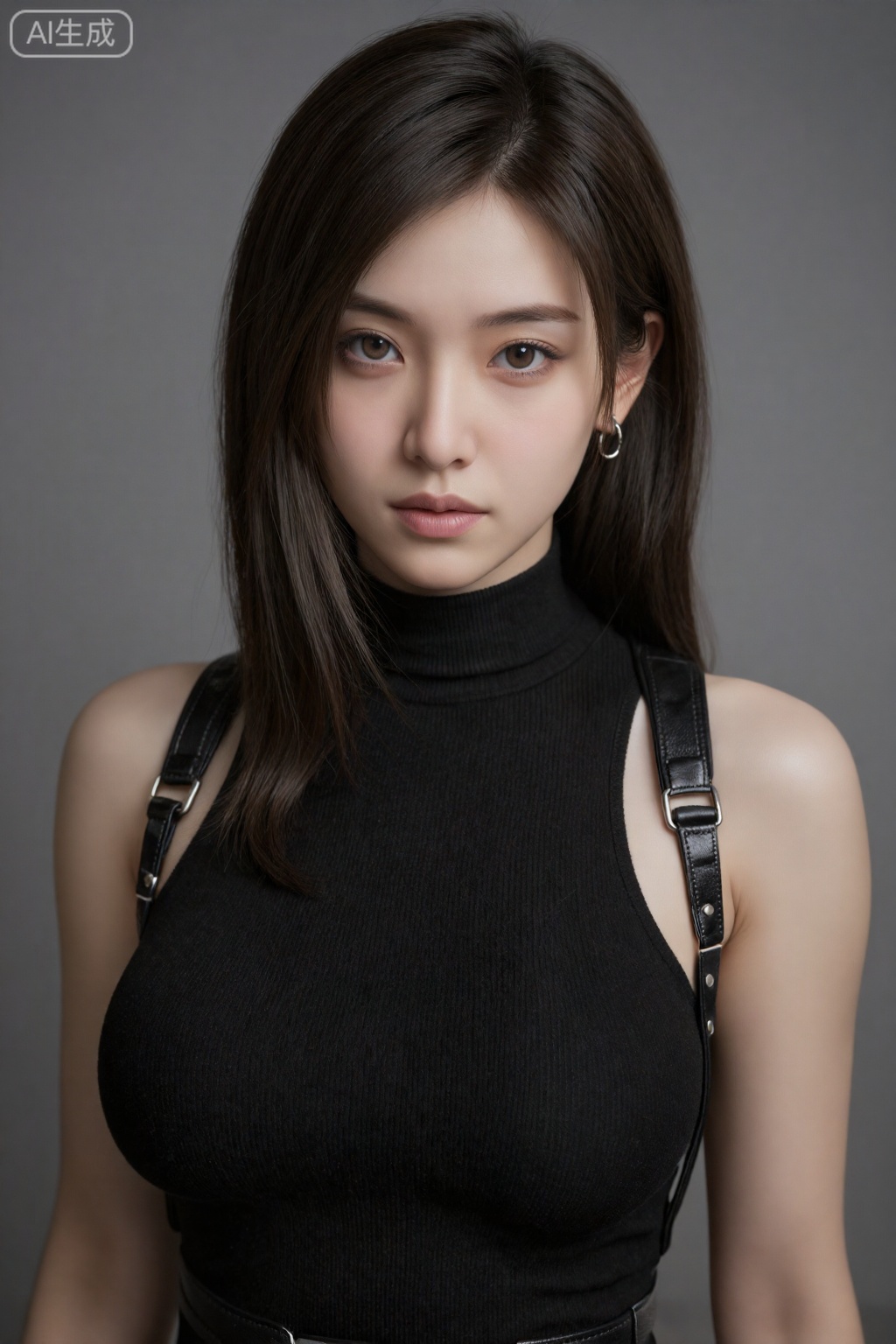 这是一位年轻亚洲女性的高度逼真的数码肖像,她拥有深棕色的长直发和白皙的皮肤。她有杏仁状的棕色眼睛、小鼻子和丰满的嘴唇,表情中性。她穿着一件黑色无袖罗纹高领上衣,突出了她中等大小的乳房,透过布料可以看到乳头。她的服装是肩上挂着黑色皮革吊带。她的左耳上戴着一只银耳环。背景是简单的灰色渐变,将焦点吸引到她的脸部和上半身。图像具有柔和、逼真的质感,微妙的灯光突出了她的面部特征。