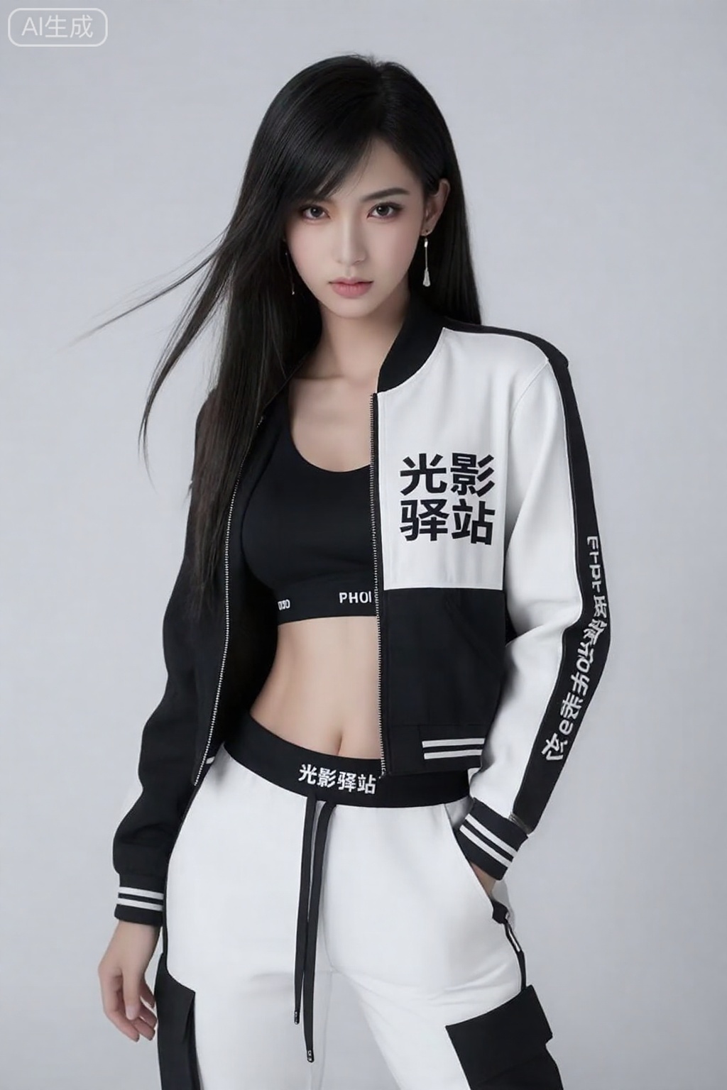 蒂法,黑色长直发,真人照片,
主体描述模特拥有精致的五官,一头乌黑长发随风轻扬,增添了灵动气息。她身着黑白撞色的时尚套装,白色外套上印有醒目的“光影驿站”字样,内搭黑色带有字母装饰的内衣,下身搭配白色运动风长裤,裤装的黑色细节与整体造型相呼应,整体风格将性感与街头时尚巧妙融合。她姿态富有张力,一手撩起外套,展现出自信且极具个性的时尚态度。 环境背景以简洁的白色纯色背景为主,突出模特的造型与姿态,营造出极简且高级的时尚拍摄场景,让观者的注意力完全聚焦于模特的时尚穿搭与表现力上。 光线采用柔和的正面光,均匀打在模特身上,清晰展现面部、服饰的细节与质感,营造出干净、高级的光影效果,增强画面的时尚质感与极简氛围。 渲染风格画面质感高清锐利,整体氛围充满时尚前卫感,将性感与街头风格完美结合,呈现出高级的时尚大片质感。 色彩以黑白为主色调,从黑白服饰到白色背景,色彩对比鲜明且协调,展现出极简时尚的高级感,同时通过服饰的字母装饰与细节设计增加视觉层次。 构图采用中心构图,模特占据画面主要视觉中心,四周适当留白,突出模特的造型与姿态,营造出极简且富有冲击力的视觉效果。 拍摄角度平视视角,拍摄距离适中,完整展现模特的造型与姿态,突出其时尚气场与个性风格。 滤镜采用冷调极简风滤镜,强化画面的时尚前卫感与高级感,使整体风格更加契合极简性感的时尚主题。 摄影参数使用专业时尚摄影相机,搭配适合捕捉细节与时尚感的镜头,快门速度1/160秒,光圈f/2.8,确保画面清晰且富有质感。
