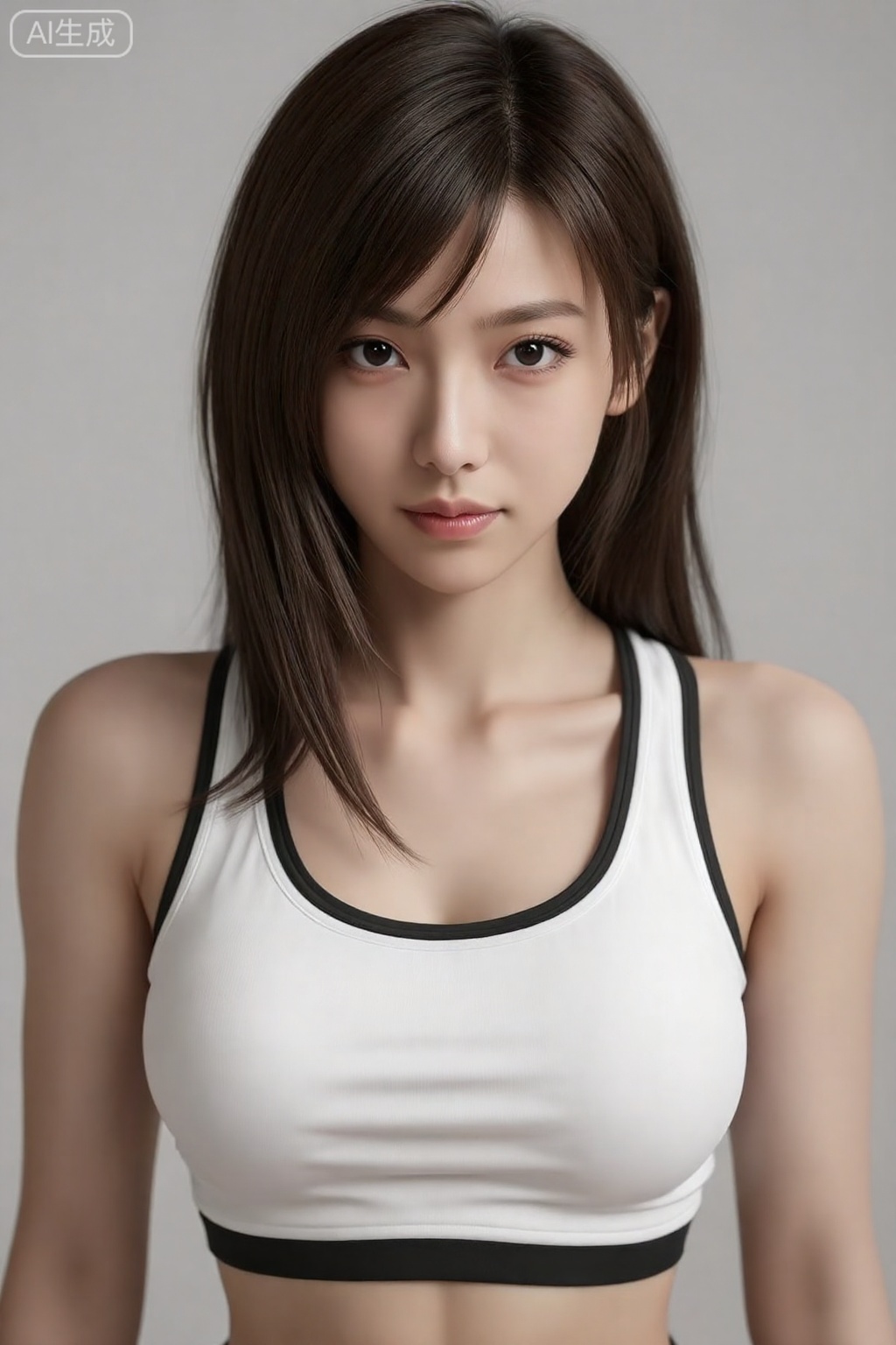 这是一张二十岁出头的亚洲女性的高质量照片,她扮演电子游戏“最终幻想VII”中的蒂法·洛克哈特。她有一头深棕色直发,刘海侧分,皮肤白皙。她穿着一件带有黑色镶边的白色无袖运动上衣,突出了她中等大小的乳房。 , 。她表情中立,直视镜头。背景是朴素的浅灰色,将焦点吸引到她身上。图像具有柔和、专业的灯光,