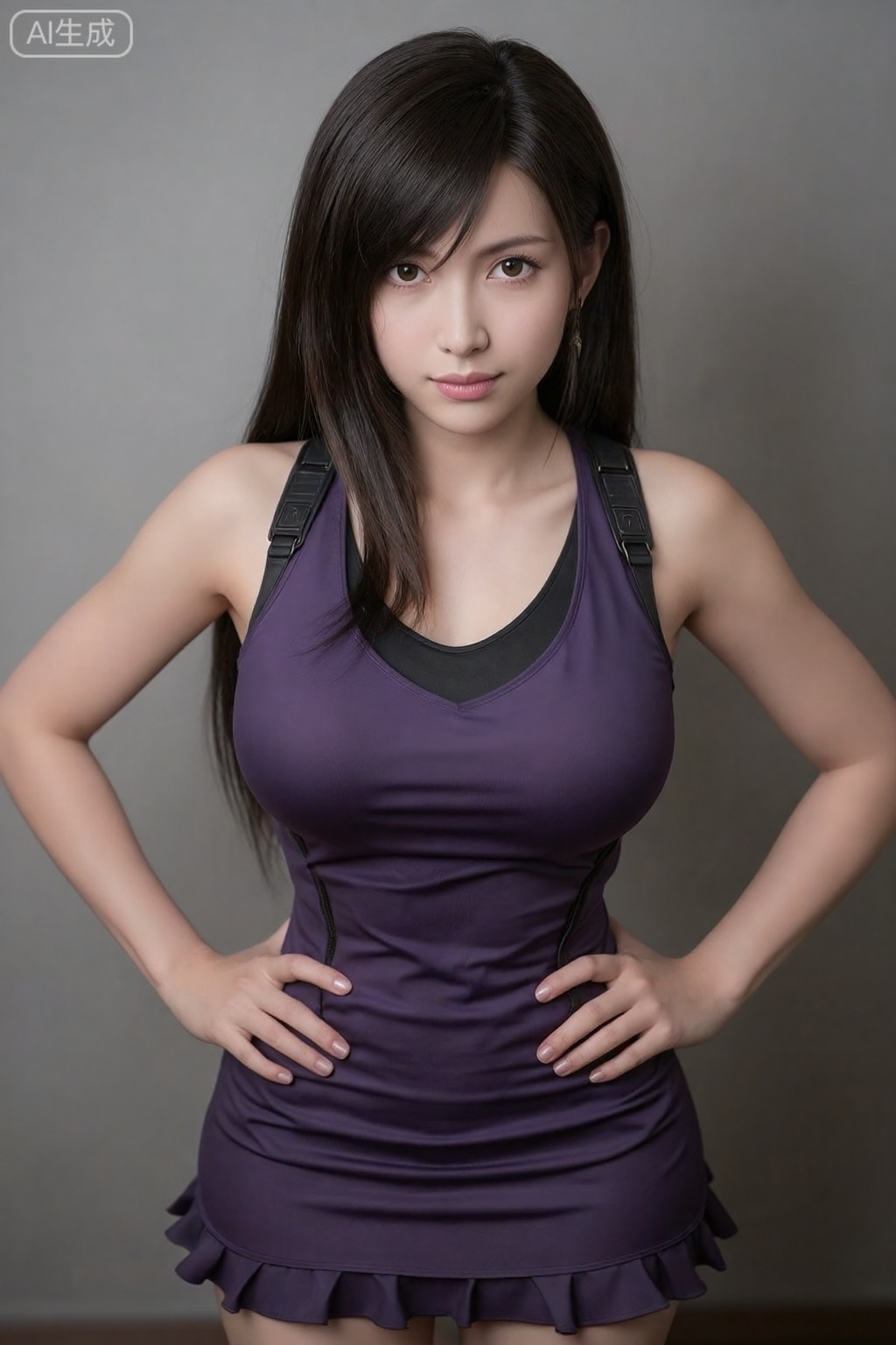真人照片,蒂法,黑色长直发,棕色大眼睛,双手叉腰自信地站立。她穿着一件紧身紫色无袖深V 领连衣裙,凸显了她中等大小的胸部。这件连衣裙有黑色交叉肩带和褶边下摆。 