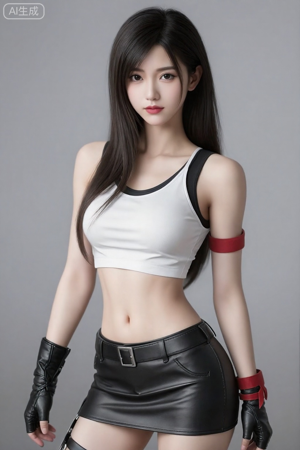 真人照片,图像是一位年轻的亚洲女性,有着黑色的长直发和白皙的皮肤,风格具有现实的动漫风格美学。她身材苗条、健美,腹部平坦,胸部较小。她穿着一件带黑色肩带的白色无袖短款上衣和一条带腰带的黑色皮裙。她的右臂戴着黑色皮手套,左手腕上系着红色发带。 。,蒂法