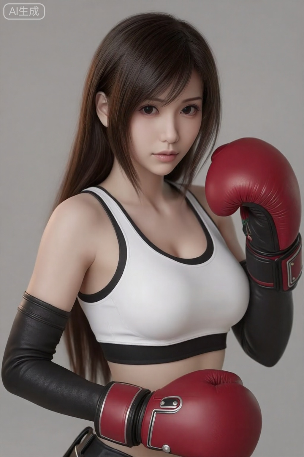 这是一张二十岁出头的亚洲女性的高质量照片,她扮演电子游戏“最终幻想VII”中的蒂法·洛克哈特。她有一头深棕色直发,刘海侧分,皮肤白皙。她穿着一件带有黑色镶边的白色无袖运动上衣,突出了她中等大小的乳房。她戴着长及肘部的黑色手套,还有一只带有金属饰钉的红黑相间的大格斗手套。她表情中立,直视镜头。背景是朴素的浅灰色,将焦点吸引到她身上。图像具有柔和、专业的灯光