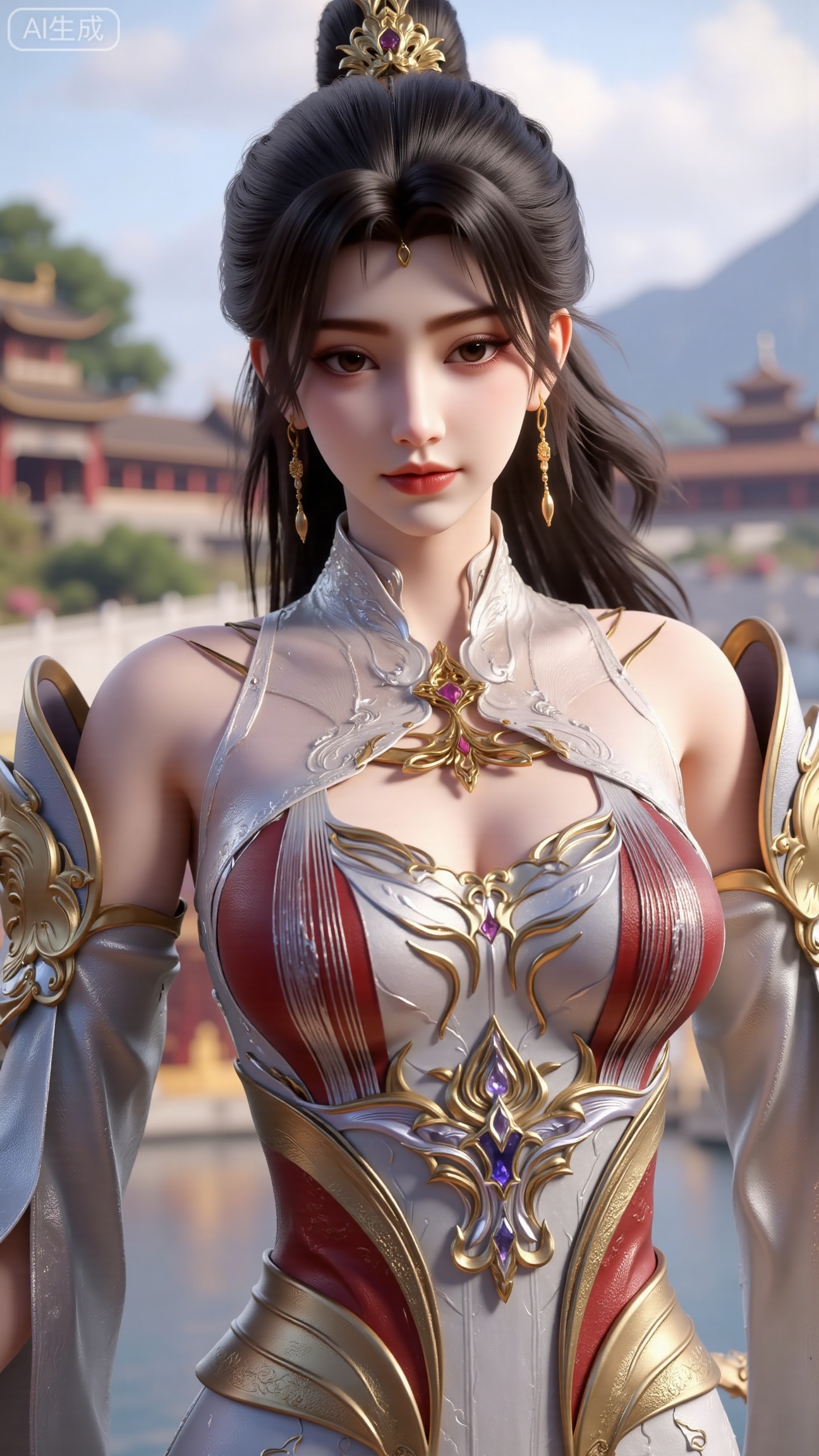 (masterpiece, best quality:1.2),1 girl, solo, long hair, black hair, hair accessories, clothing, cleavage cuts, long dress, jewelry, upper body, earrings. Background is outdoor, sky, clouds, water, trees, architecture, landscape, lantern, mountain, dragon, architecture, bridge, east Asian architecture, fog, pagoda,,(huge breasts:2.99),(full breasts:2.99),, , 
,Xbigbreasts,XmupeilingXYH2,XmuplXYH,XmupeilingXYH,XmuplXYH,Xchangtui,Xxiao2chu,Xhuoyuner2,Xyaoxx