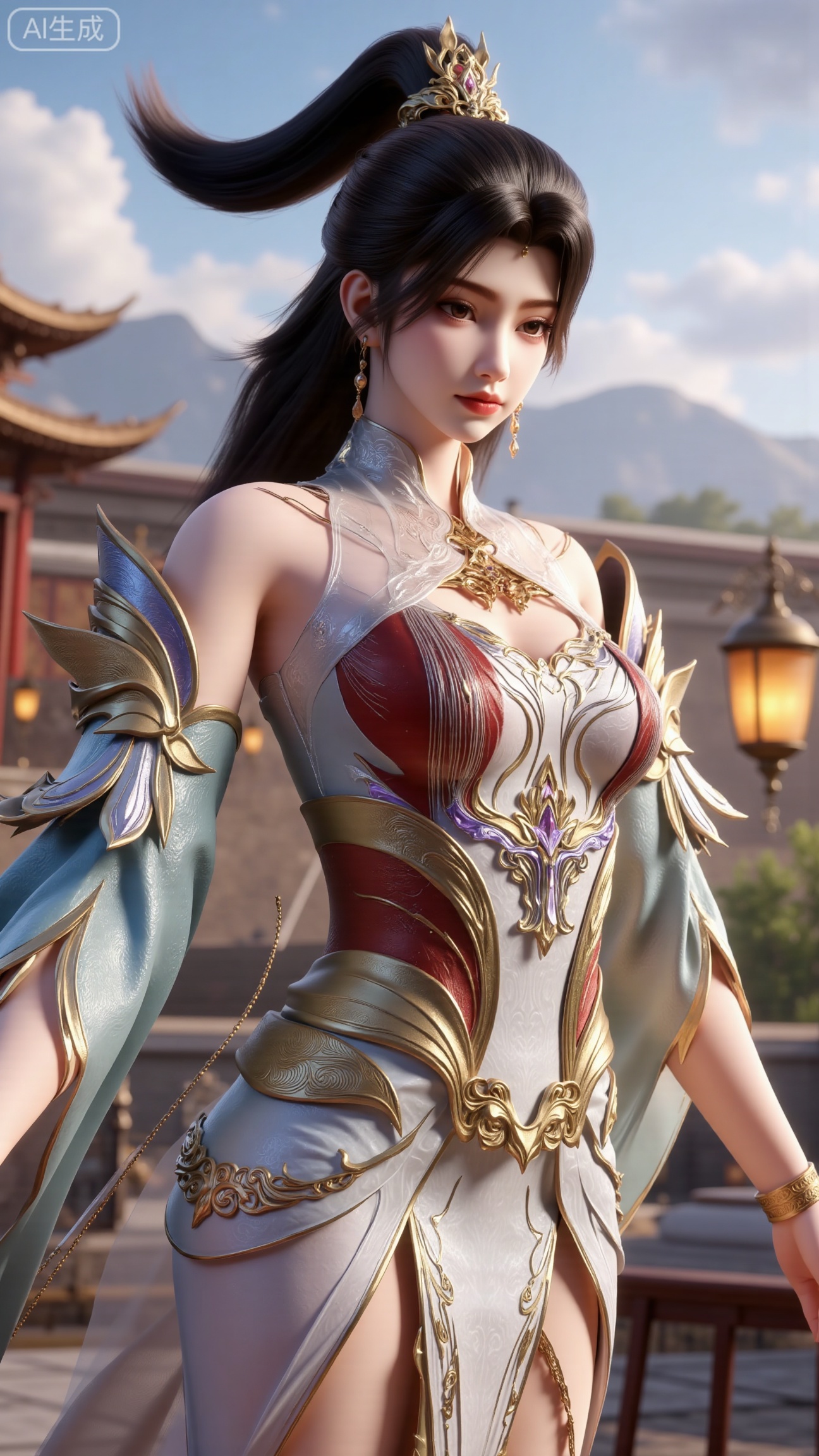 (masterpiece, best quality:1.2),1 girl, solo, long hair, black hair, hair accessories, clothing, cleavage cuts, long dress, jewelry, upper body, earrings. Background is outdoor, sky, clouds, water, trees, architecture, landscape, lantern, mountain, dragon, architecture, bridge, east Asian architecture, fog, pagoda,,(huge breasts:2.99),(full breasts:2.99),, , 
,Xbigbreasts,XmupeilingXYH2,XmuplXYH,XmupeilingXYH,XmuplXYH,Xchangtui,Xxiao2chu,Xhuoyuner2,Xyaoxx