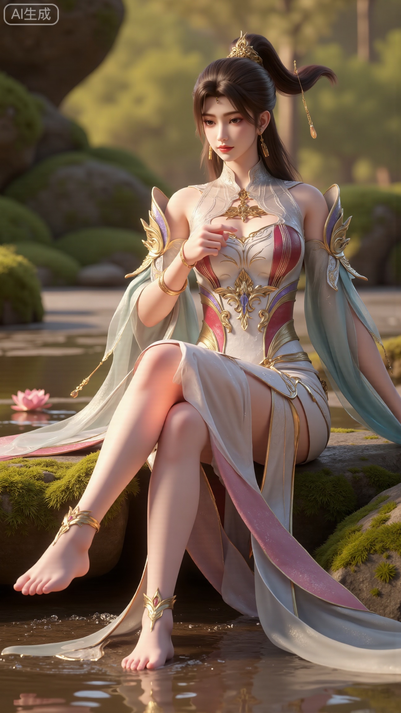 (masterpiece:1.3), ultra-detailed, 8k, photorealistic, best quality, cinematic lighting, volumetric sunlight, soft shadows, subsurface scattering, depth of field, A stunning young woman sits gracefully barefoot on a moss-covered rock beside a crystal-clear stream in a tranquil forest. The sunlight filters through the trees, casting dappled golden light on her smooth skin and the rippling water. She wears an exquisite long dress with fine pink and gold embroidery across the chest and short sleeves. Her long, dark hair flows naturally over her shoulders, softly illuminated by the warm light. Her bare feet touch the cool moss and shallow water, adding a sense of intimacy and realism. One hand rests gently on her hip, while the other holds a blooming lotus flower, her expression calm and serene. Mist rises gently from the water, with reflections dancing on the surface, creating a peaceful, ethereal atmosphere. (background with mossy stones, flowing stream, forest sunlight, soft haze, and gentle reflections:1.6), (realistic skin texture:1.3), (natural color tones:1.3), (film look:1.2) (huge breasts:2.99),(full breasts:2.99), , 
,Xbigbreasts,XmupeilingXYH2,XmuplXYH,XmupeilingXYH,XmuplXYH,Xchangtui,Xxiao2chu,Xhuoyuner2,Xyaoxx