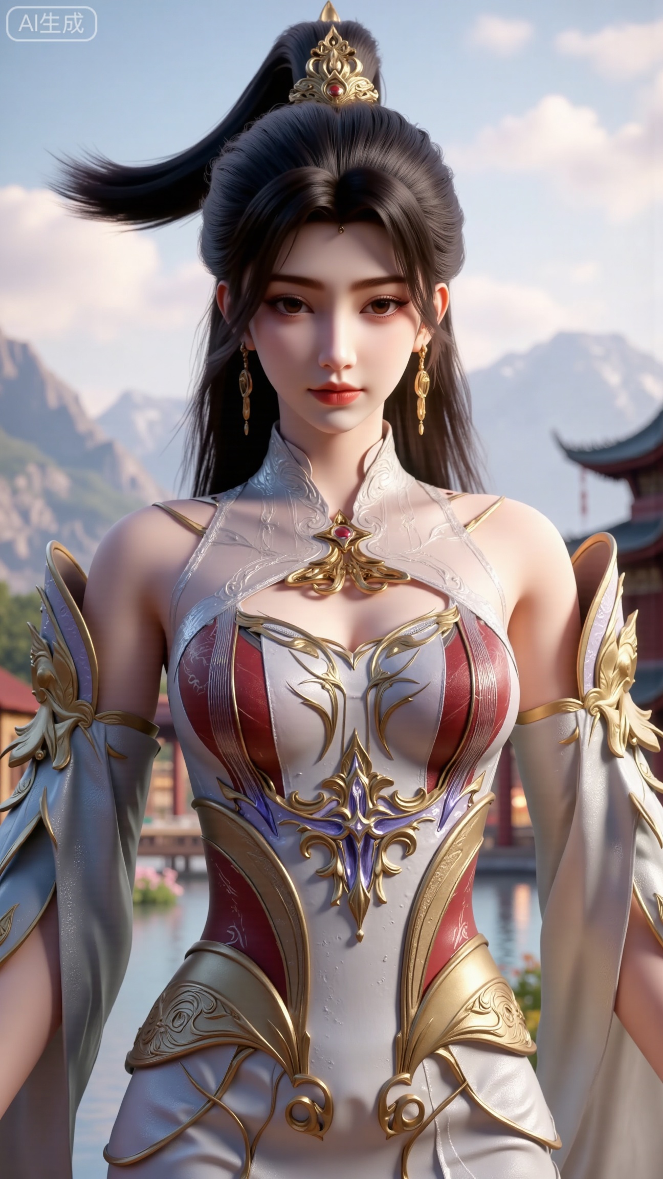 (masterpiece, best quality:1.2),1 girl, solo, long hair, black hair, hair accessories, clothing, cleavage cuts, long dress, jewelry, upper body, earrings. Background is outdoor, sky, clouds, water, trees, architecture, landscape, lantern, mountain, dragon, architecture, bridge, east Asian architecture, fog, pagoda,,(huge breasts:2.99),(full breasts:2.99),, , 
,Xbigbreasts,XmupeilingXYH2,XmuplXYH,XmupeilingXYH,XmuplXYH,Xchangtui,Xxiao2chu,Xhuoyuner2,Xyaoxx