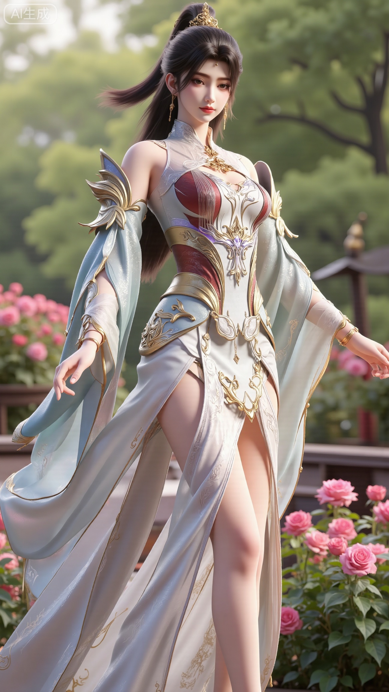 (masterpiece:1.2),best quality,,A woman adorned in traditional Chinese attire,( long dress,black long hair),featuring a flowing robe with intricate embroidery and floral accents. A garden filled with pink roses and lush greenery. Soft pastel hues of white,blue,and green,creating a serene atmosphere. Photorealistic photography.,(huge breasts:2.99),(full breasts:2.99),, , 
,Xbigbreasts,XmupeilingXYH2,XmuplXYH,XmupeilingXYH,XmuplXYH,Xchangtui,Xxiao2chu,Xhuoyuner2,Xyaoxx