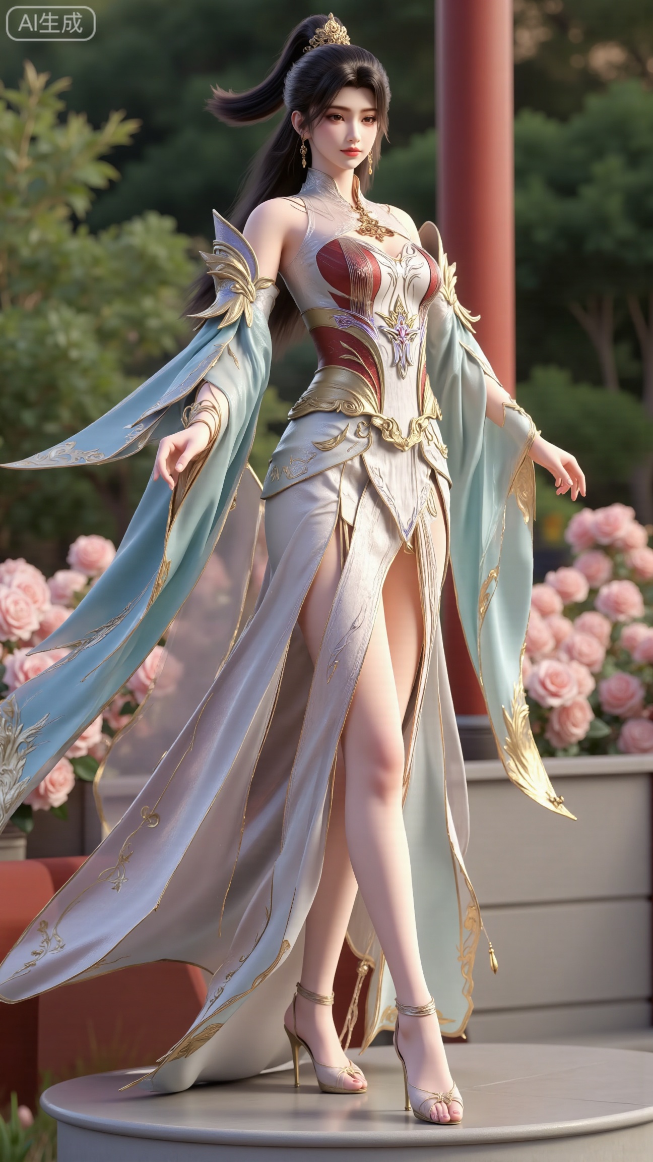 (masterpiece:1.2),best quality,,A woman adorned in traditional Chinese attire,( long dress,black long hair),featuring a flowing robe with intricate embroidery and floral accents. A garden filled with pink roses and lush greenery. Soft pastel hues of white,blue,and green,creating a serene atmosphere. Photorealistic photography.,(huge breasts:2.99),(full breasts:2.99),, , 
,Xbigbreasts,XmupeilingXYH2,XmuplXYH,XmupeilingXYH,XmuplXYH,Xchangtui,Xxiao2chu,Xhuoyuner2,Xyaoxx