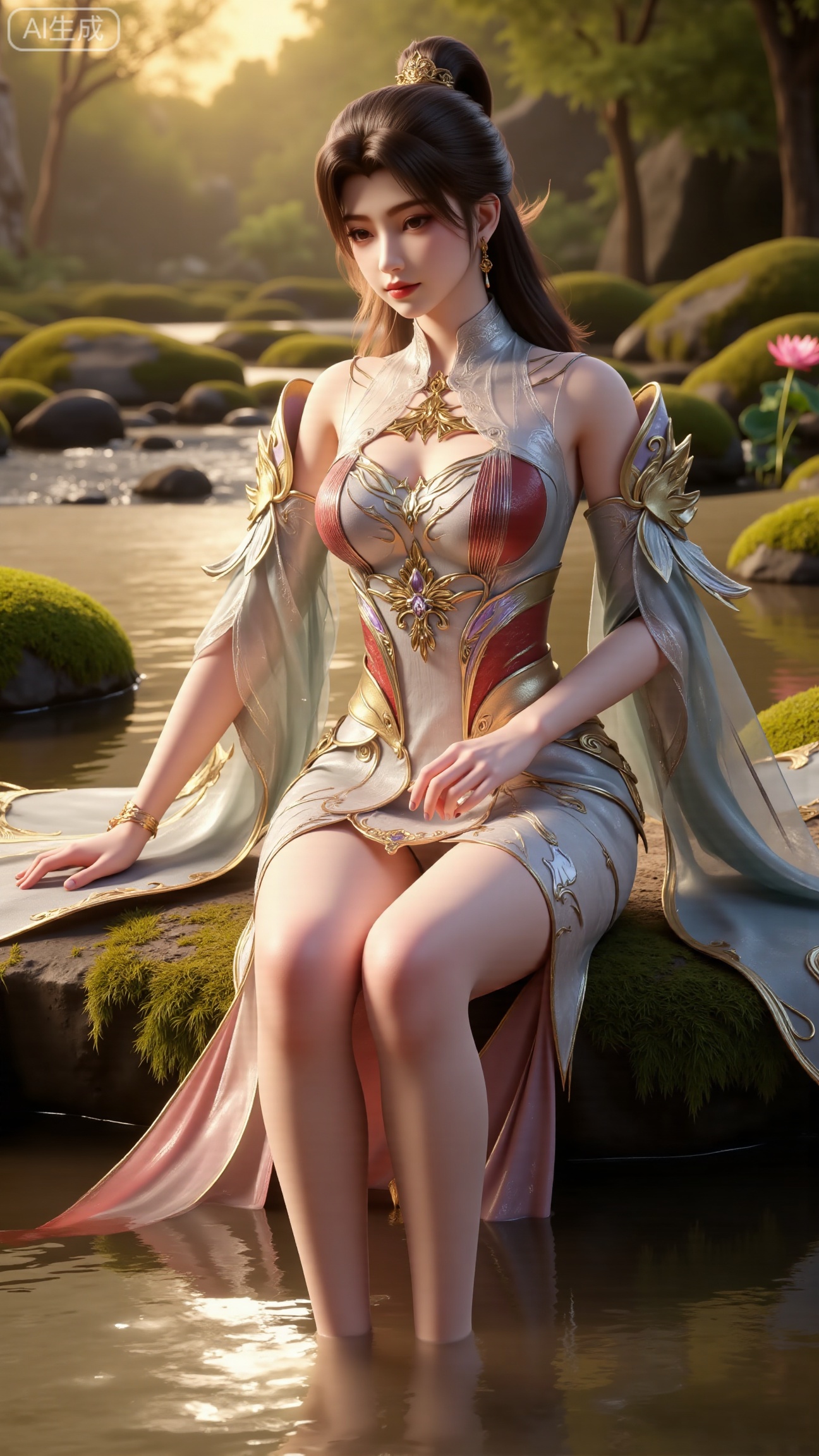 (masterpiece:1.3), ultra-detailed, 8k, photorealistic, best quality, cinematic lighting, volumetric sunlight, soft shadows, subsurface scattering, depth of field, A stunning young woman sits gracefully barefoot on a moss-covered rock beside a crystal-clear stream in a tranquil forest. The sunlight filters through the trees, casting dappled golden light on her smooth skin and the rippling water. She wears an exquisite long dress with fine pink and gold embroidery across the chest and short sleeves. Her long, dark hair flows naturally over her shoulders, softly illuminated by the warm light. Her bare feet touch the cool moss and shallow water, adding a sense of intimacy and realism. One hand rests gently on her hip, while the other holds a blooming lotus flower, her expression calm and serene. Mist rises gently from the water, with reflections dancing on the surface, creating a peaceful, ethereal atmosphere. (background with mossy stones, flowing stream, forest sunlight, soft haze, and gentle reflections:1.6), (realistic skin texture:1.3), (natural color tones:1.3), (film look:1.2) (huge breasts:2.99),(full breasts:2.99), , 
,Xbigbreasts,XmupeilingXYH2,XmuplXYH,XmupeilingXYH,XmuplXYH,Xchangtui,Xxiao2chu,Xhuoyuner2,Xyaoxx