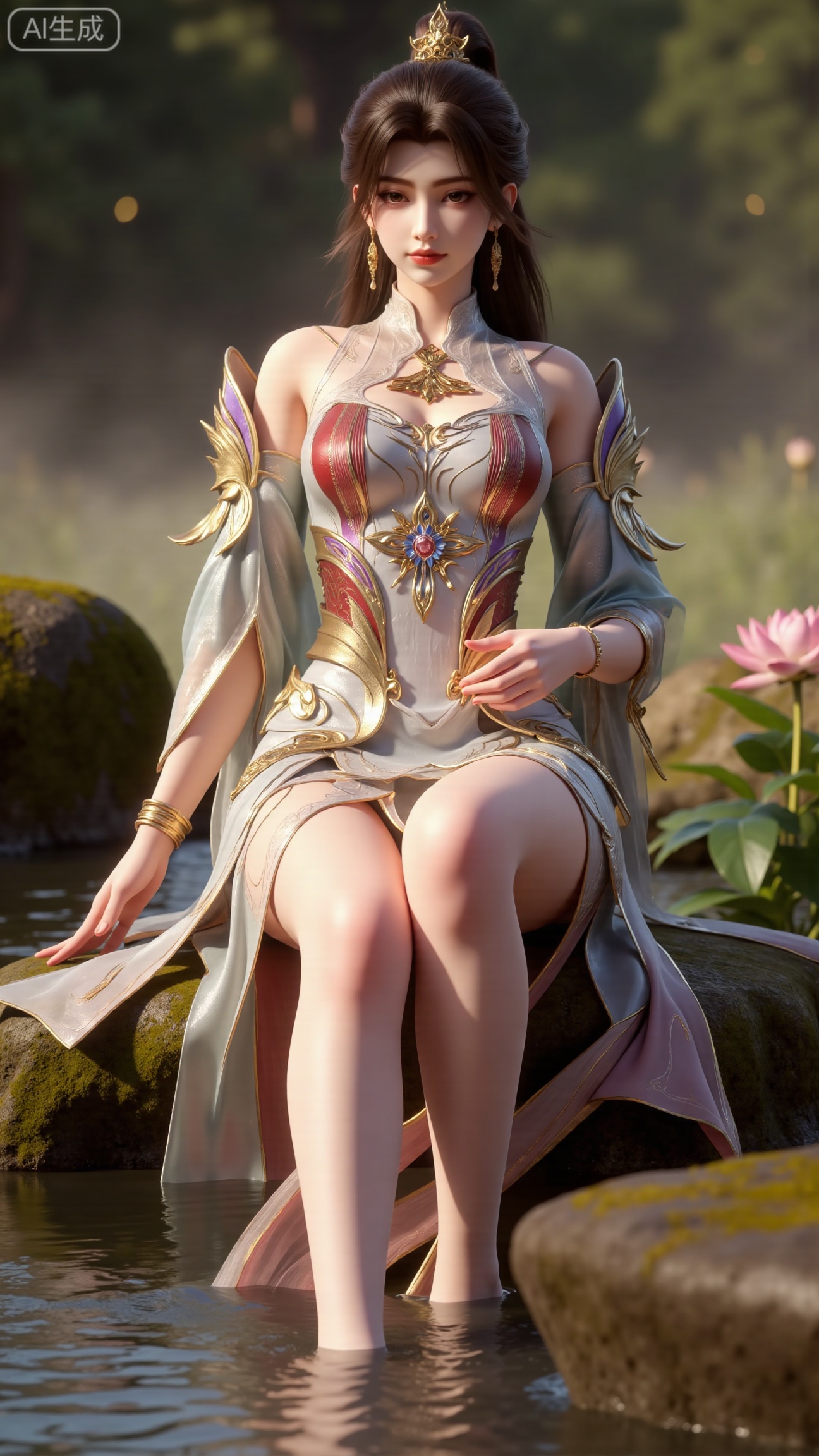 (masterpiece:1.3), ultra-detailed, 8k, photorealistic, best quality, cinematic lighting, volumetric sunlight, soft shadows, subsurface scattering, depth of field, A stunning young woman sits gracefully barefoot on a moss-covered rock beside a crystal-clear stream in a tranquil forest. The sunlight filters through the trees, casting dappled golden light on her smooth skin and the rippling water. She wears an exquisite long dress with fine pink and gold embroidery across the chest and short sleeves. Her long, dark hair flows naturally over her shoulders, softly illuminated by the warm light. Her bare feet touch the cool moss and shallow water, adding a sense of intimacy and realism. One hand rests gently on her hip, while the other holds a blooming lotus flower, her expression calm and serene. Mist rises gently from the water, with reflections dancing on the surface, creating a peaceful, ethereal atmosphere. (background with mossy stones, flowing stream, forest sunlight, soft haze, and gentle reflections:1.6), (realistic skin texture:1.3), (natural color tones:1.3), (film look:1.2) (huge breasts:2.99),(full breasts:2.99), , 
,Xbigbreasts,XmupeilingXYH2,XmuplXYH,XmupeilingXYH,XmuplXYH,Xchangtui,Xxiao2chu,Xhuoyuner2,Xyaoxx