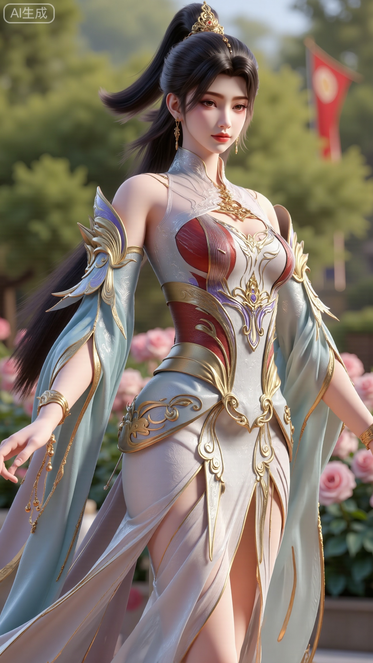 (masterpiece:1.2),best quality,,A woman adorned in traditional Chinese attire,( long dress,black long hair),featuring a flowing robe with intricate embroidery and floral accents. A garden filled with pink roses and lush greenery. Soft pastel hues of white,blue,and green,creating a serene atmosphere. Photorealistic photography.,(huge breasts:2.99),(full breasts:2.99),, , 
,Xbigbreasts,XmupeilingXYH2,XmuplXYH,XmupeilingXYH,XmuplXYH,Xchangtui,Xxiao2chu,Xhuoyuner2,Xyaoxx