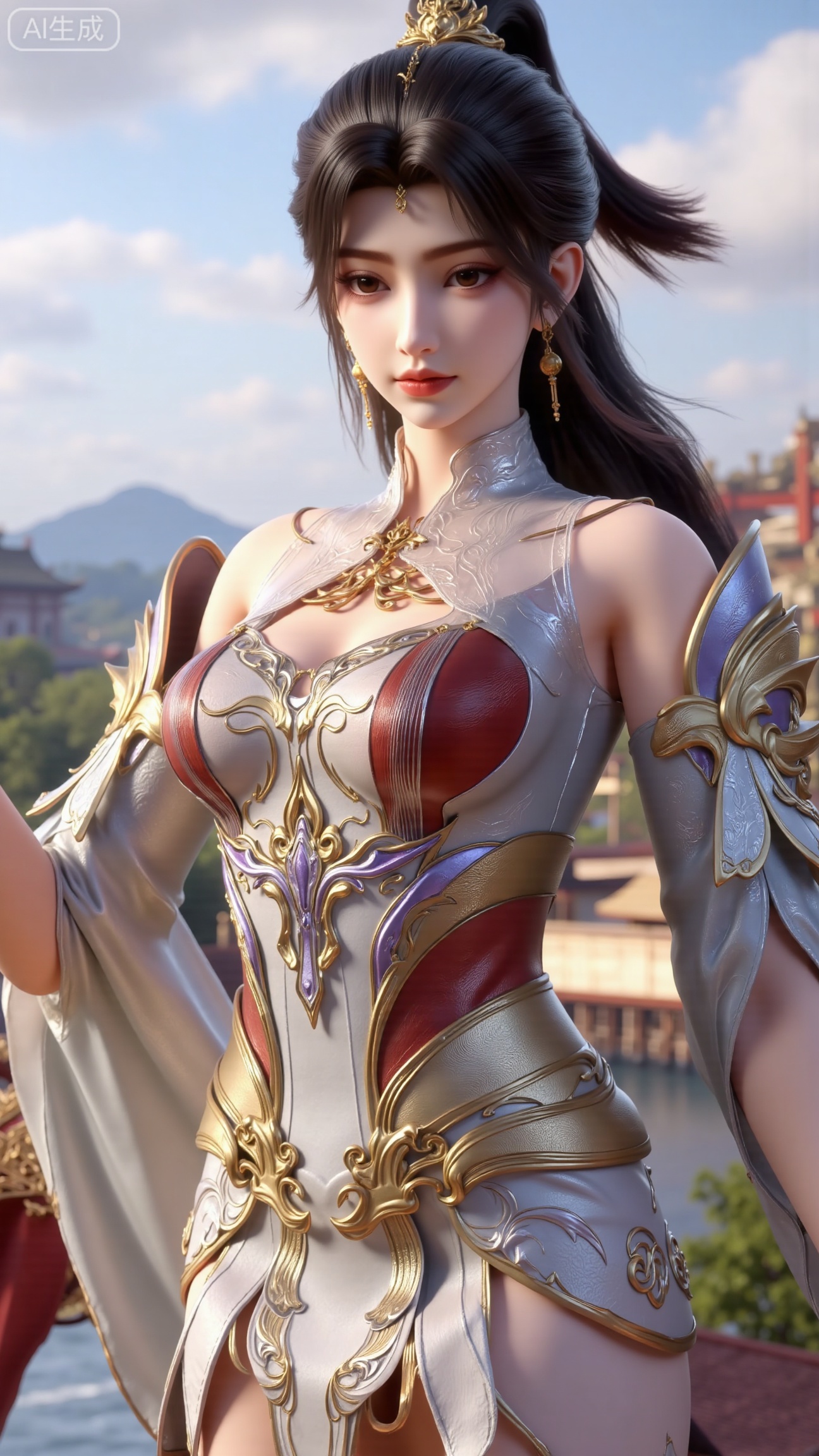 (masterpiece, best quality:1.2),1 girl, solo, long hair, black hair, hair accessories, clothing, cleavage cuts, long dress, jewelry, upper body, earrings. Background is outdoor, sky, clouds, water, trees, architecture, landscape, lantern, mountain, dragon, architecture, bridge, east Asian architecture, fog, pagoda,,(huge breasts:2.99),(full breasts:2.99),, , 
,Xbigbreasts,XmupeilingXYH2,XmuplXYH,XmupeilingXYH,XmuplXYH,Xchangtui,Xxiao2chu,Xhuoyuner2,Xyaoxx