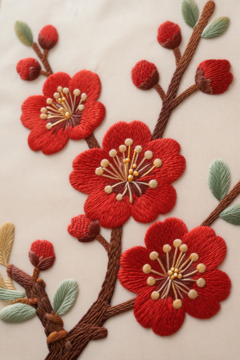 A beautiful embroidery painting with red plum blossoms as the main body. The silk thread delicately outlines the branches...