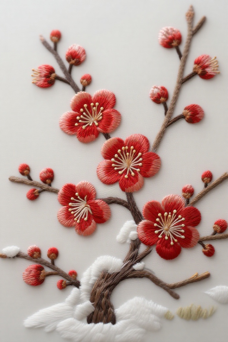 A beautiful embroidery painting is mainly composed of red plum blossoms blooming proudly in the snow. The silk thread deli...