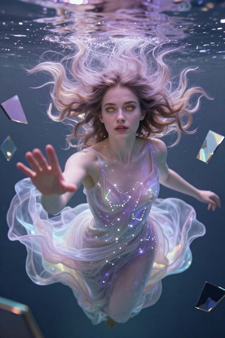 A mesmerizing woman with iridescent skin that shifts between pearl and lavender hues floats weightlessly in a surreal drea...