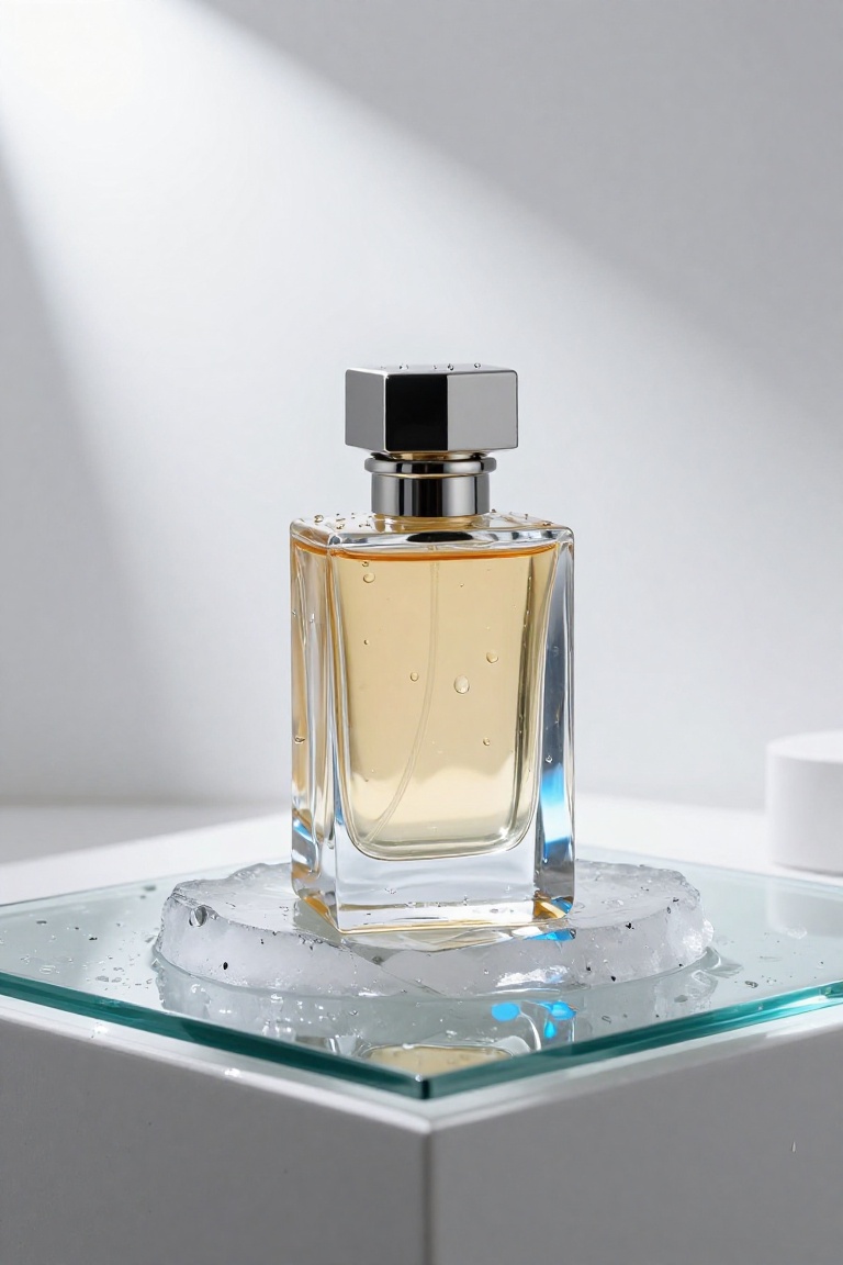 A high-end crystal perfume bottle with platinum cap rests on a slab of cracked clear ice,  placed on a frosted glass table...