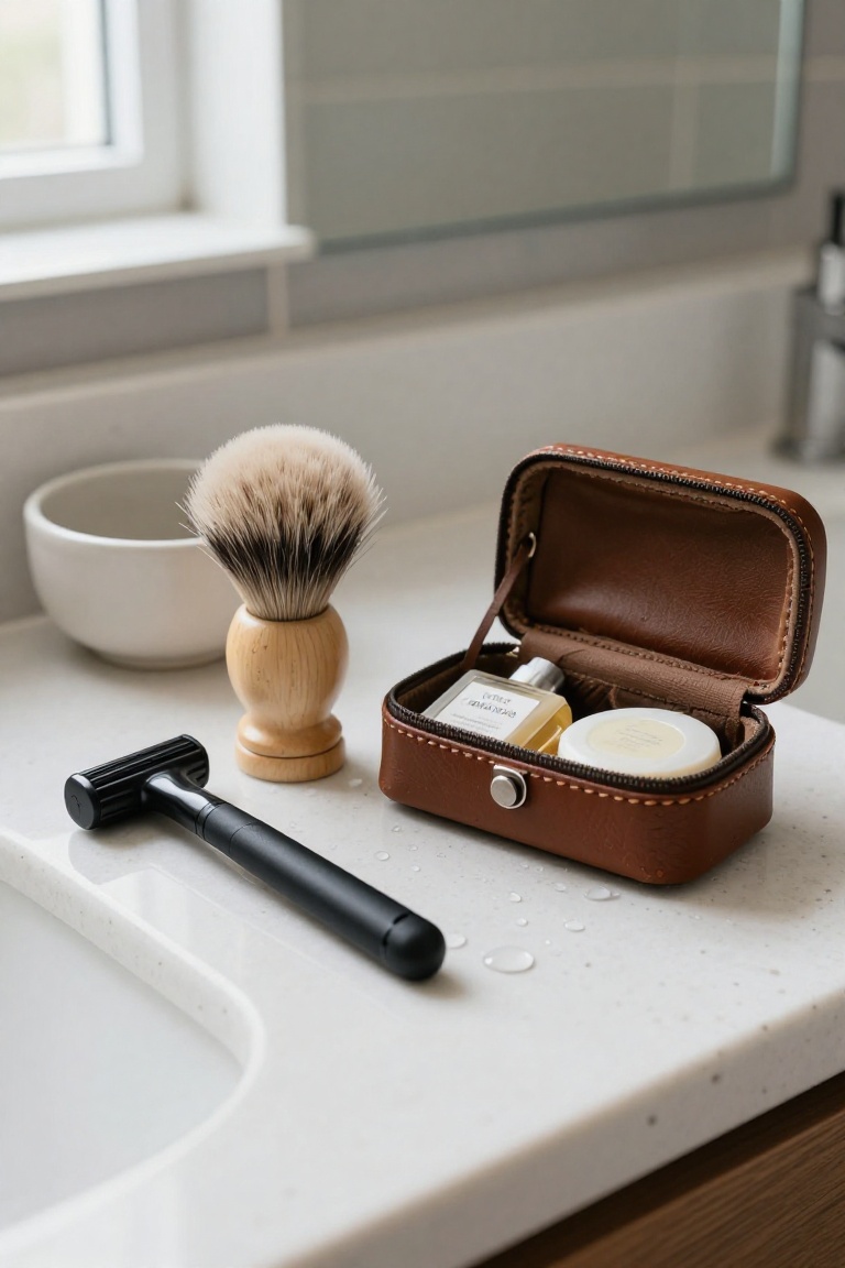 A curated men’s grooming set arranged on a white quartz bathroom counter in soft morning light: a matte-black safety razor...