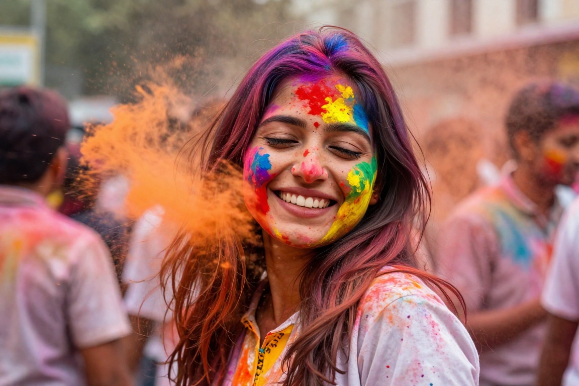 A joyful woman celebrating Holi,  her face covered in vibrant splashes of red,  yellow on Tensor.Art