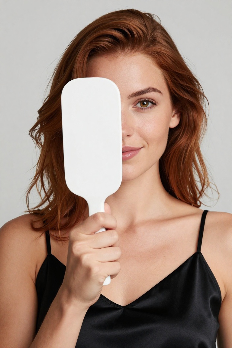 A confident young woman with sun-kissed skin and shoulder-length wavy auburn hair holds a large matte-white handheld mirro...