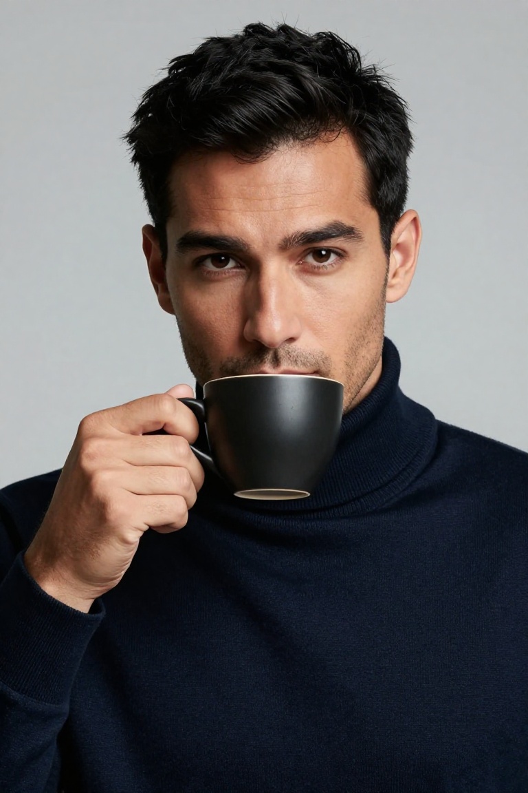 A confident man in his early 30s with warm olive skin,  short textured black hair,  and light stubble holds a matte-black...