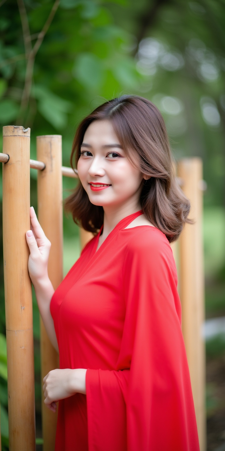 a portrait of a young woman standing in front of a bamboo fence. She is wearing a red saree with a halter neckline and a m...