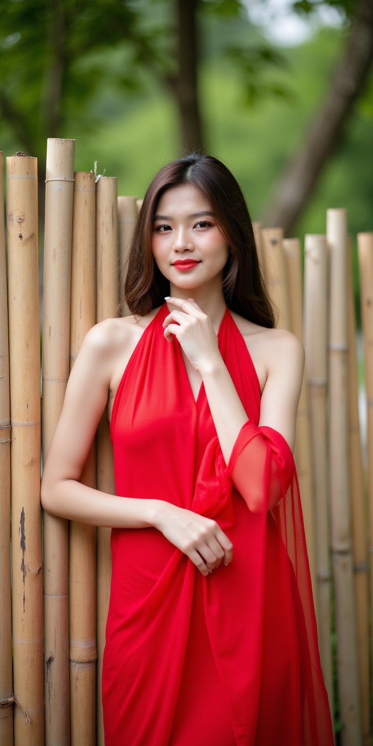 a portrait of a young woman standing in front of a bamboo fence. She is wearing a red saree with a halter neckline and a m...