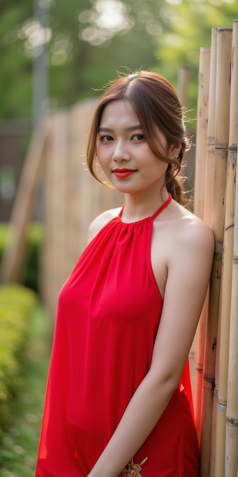 a portrait of a young woman standing in front of a bamboo fence. She is wearing a red saree with a halter neckline and a m...