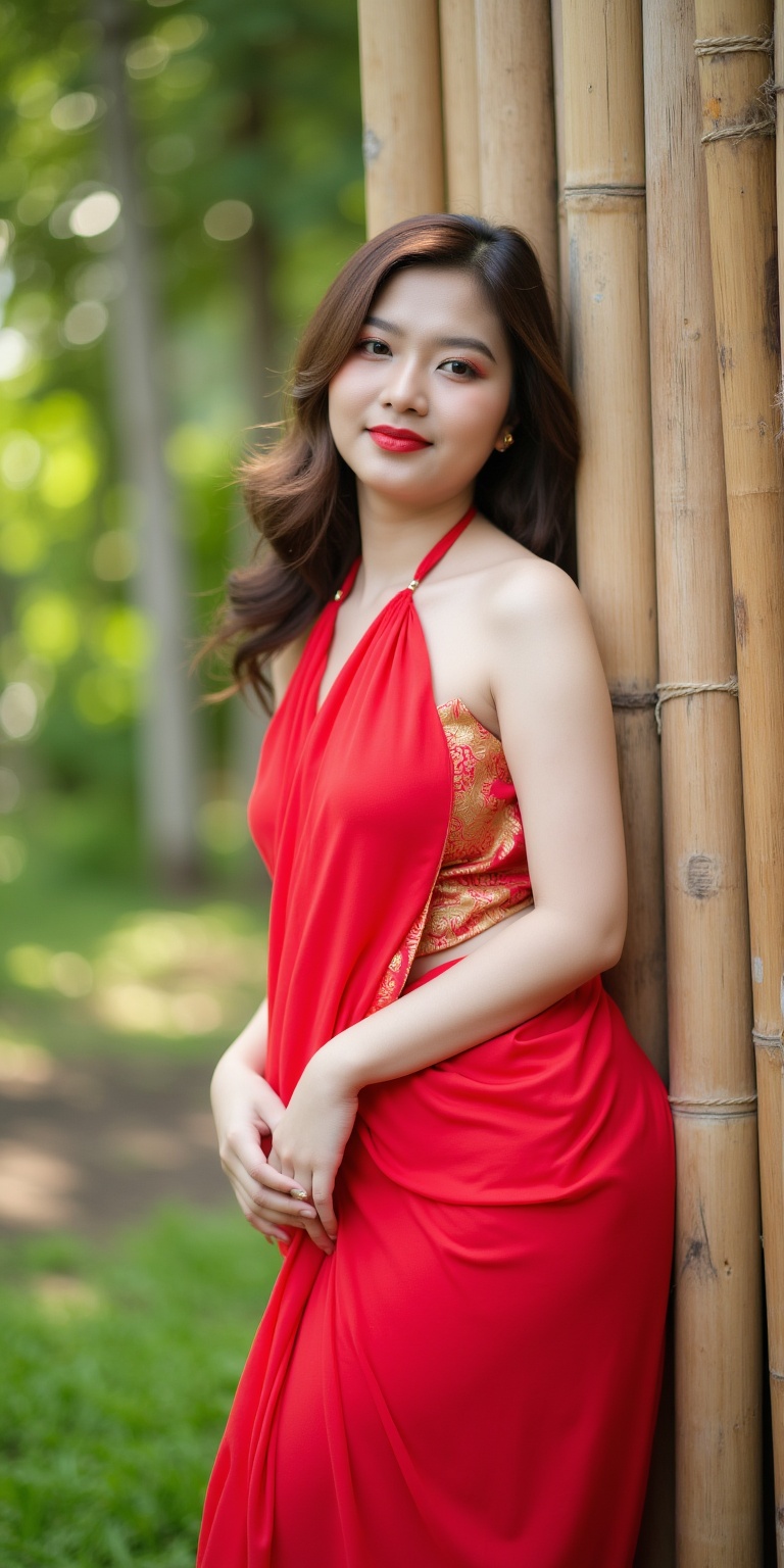 a portrait of a young woman standing in front of a bamboo fence. She is wearing a red saree with a halter neckline and a m...