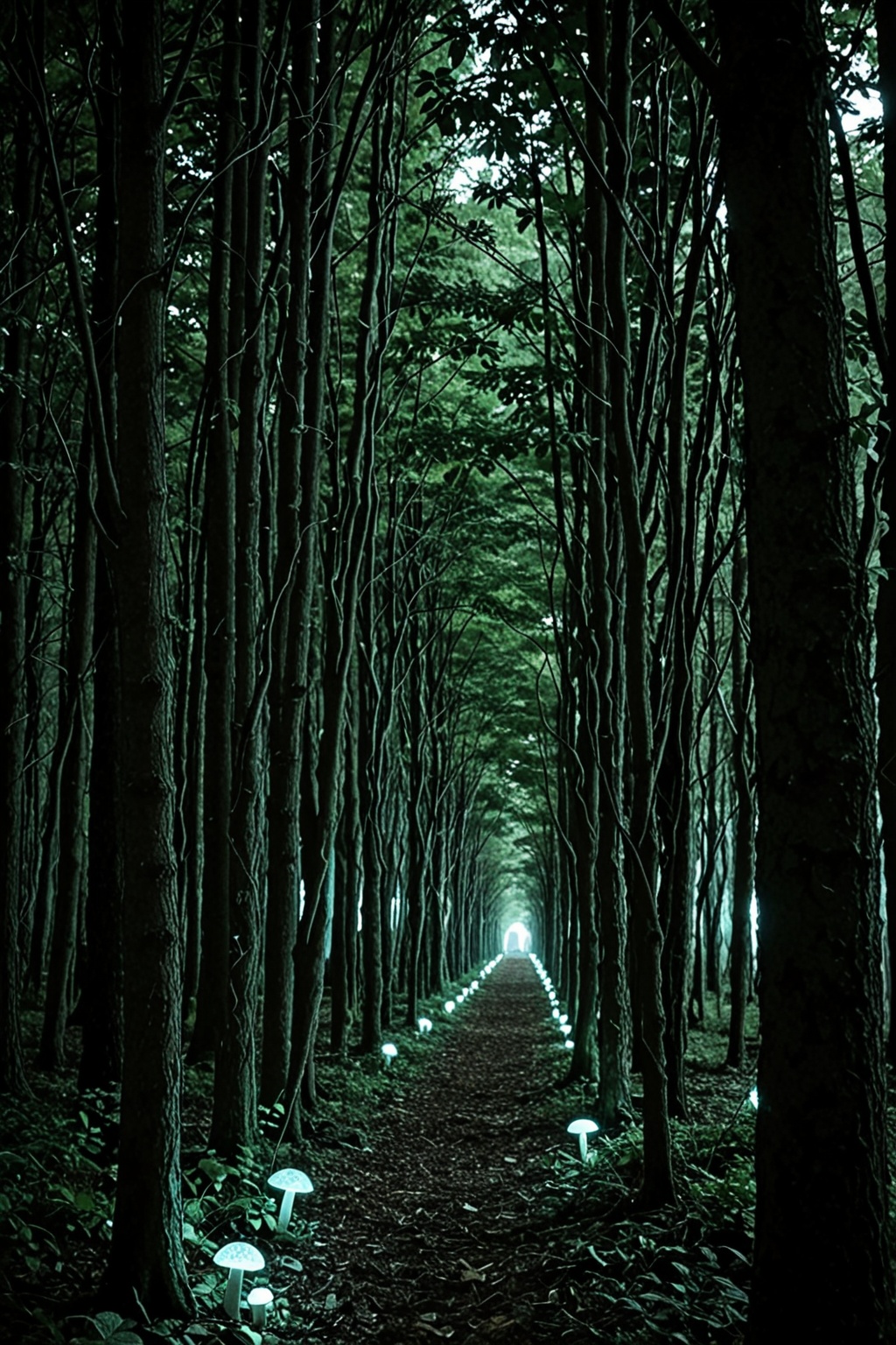 Create a nighttime forest scene where the dense canopy casts deep shadows,  and the moonlight filters through,  creating a...