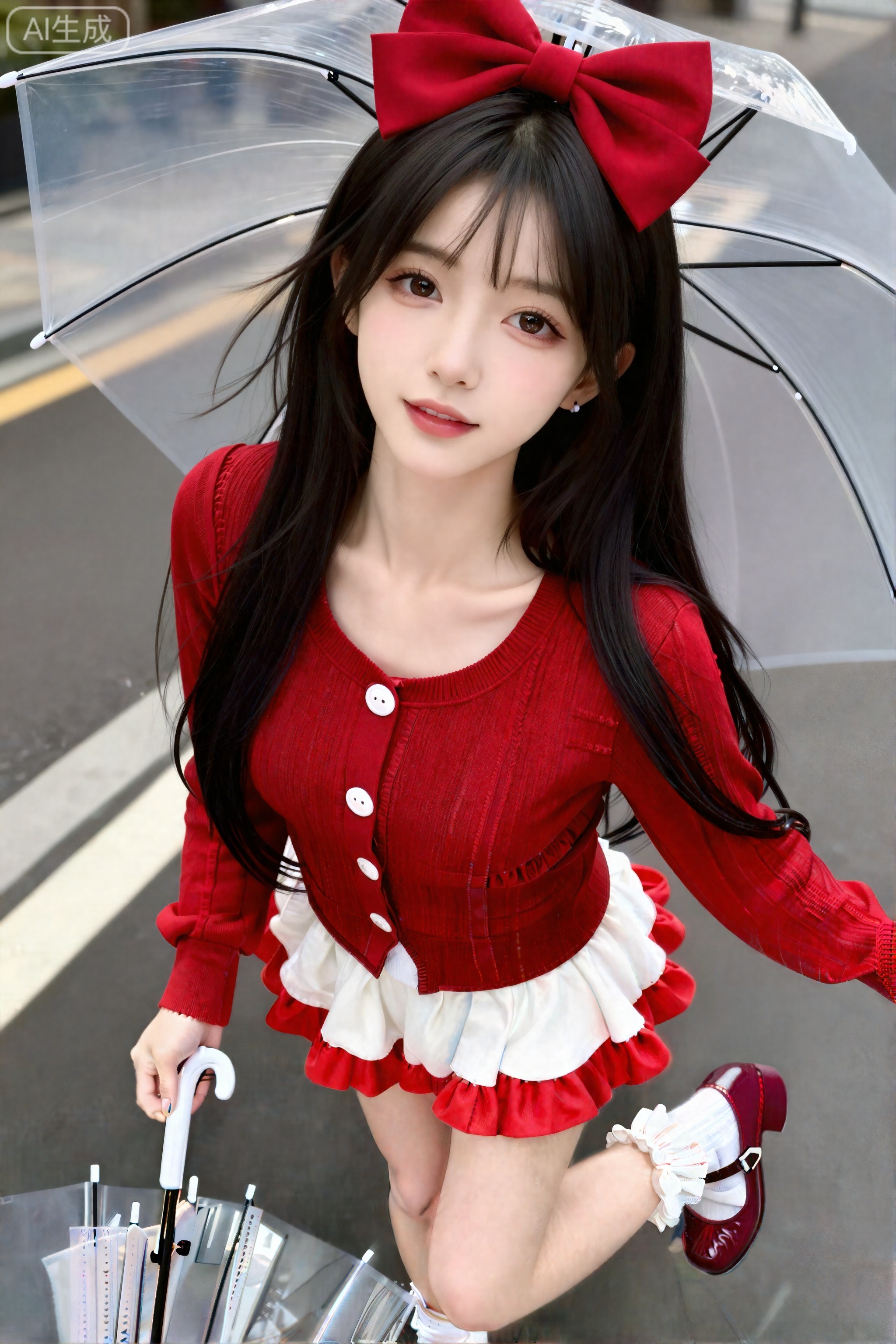 杰作,最佳画质,高质量,,（黑色色头发：1.4）,（超长腿：1.3）,（细腿：1.4）,一个女孩,抓拍街拍,青春靓丽活力无限的青春美少女,黑长直,年轻娇小,发丝呈现出自然的蓬松感与垂坠感,长发散落于肩头两侧,几缕发丝拂面,冷白皮气质美女,纯欲风,皮肤白皙,偶像气质,fairskin,一个穿着甜美元气Lolita风格穿搭的纤细高挑女孩,上身是红色针织开衫（带白色纽扣,修身款）,下身是白底+红色荷叶边短裙,搭配白色褶皱袜与酒红色玛丽珍鞋；头顶别着大号红色蝴蝶结,左手撑着一把透明荷叶边伞,大师级摄影作品,近景全身影像特写,面部聚焦超清。10086分辨率,10000QK像素高清,美颜张力拉满。