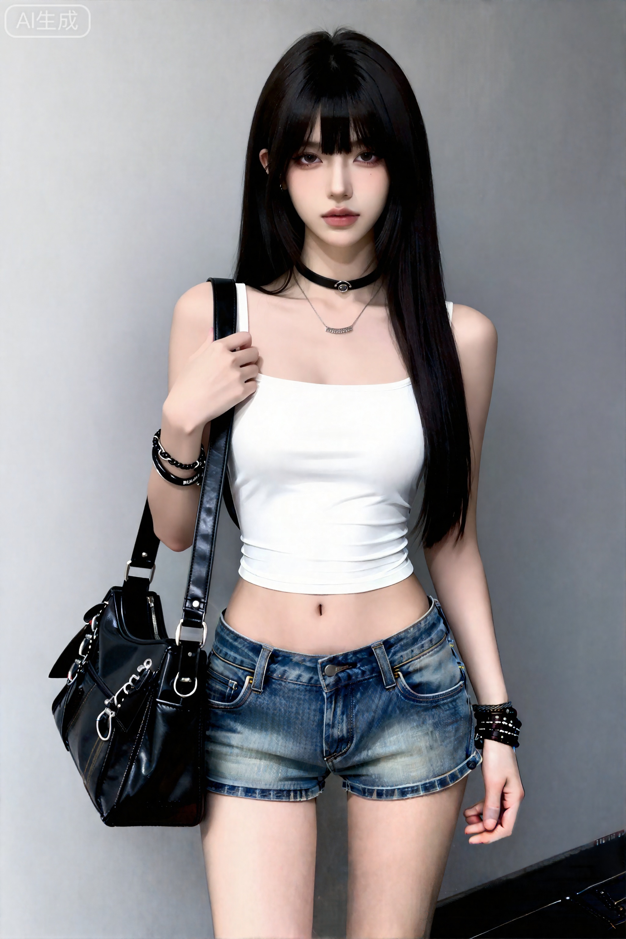 杰作,最佳画质,高质量,,（黑色色头发：1.4）,（超长腿：1.3）,（细腿：1.4）,一个女孩,帮我生成图片：一位绝色少女,五官精致,容颜俊美,冷白皮,眼神冷冽直视镜头,公主切长直发自然垂落,葫芦形S身材,身着白色紧身方领背心搭配牛仔低腰短裤（露出纤细腰肢）,脖颈戴黑色项圈和银色项链,左手腕叠戴多层黑色手链,右手提黑色大容量皮质单肩包；立于浅灰色墙面旁,采用中景平拍构图,光线柔和自然,都市时尚冷艳风格,高清细腻画质。