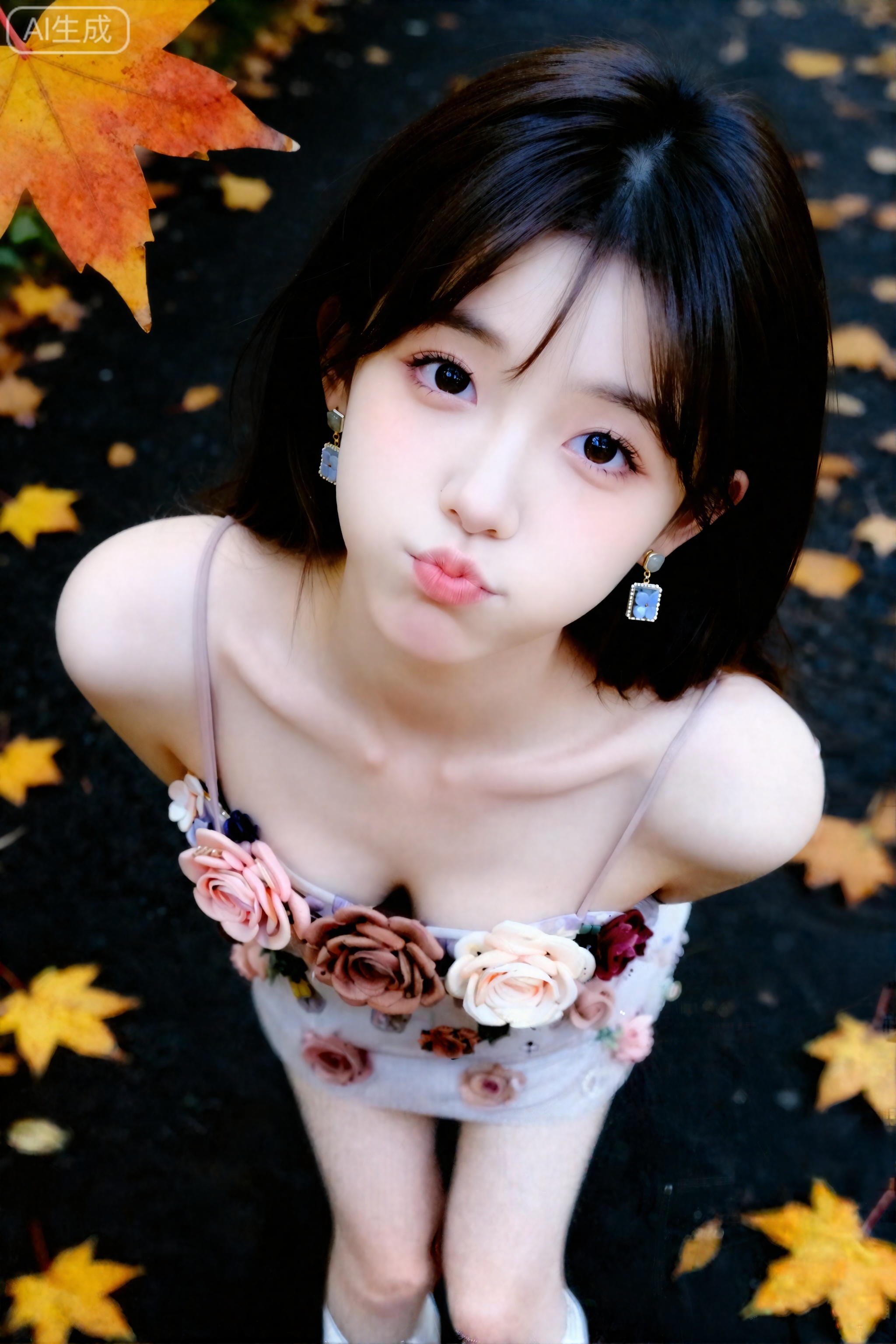 杰作,最佳画质,高质量,（黑色头发：1.4）,（超长腿：1.3）,（细腿：1.4）,一个女孩,长相呆萌可爱的钝感女生,穿着花朵饰连衣裙,,深栗棕色的森系发型,带着羞涩的微表情,户外场景（背景有铺满落叶的路面、黄色秋叶）,画面边缘有橙黄色秋叶点缀,秋日氛围,人像摄影,做可爱表情。他拍视角。氛围感。高清,细节,画面丰富,东方美女,纯欲风,表情可爱,年轻娇小,冷白皮气质美女,纯欲风,皮肤白皙,偶像气质,fairskin,光滑,千金大小姐气质,带着精致砖石耳饰
