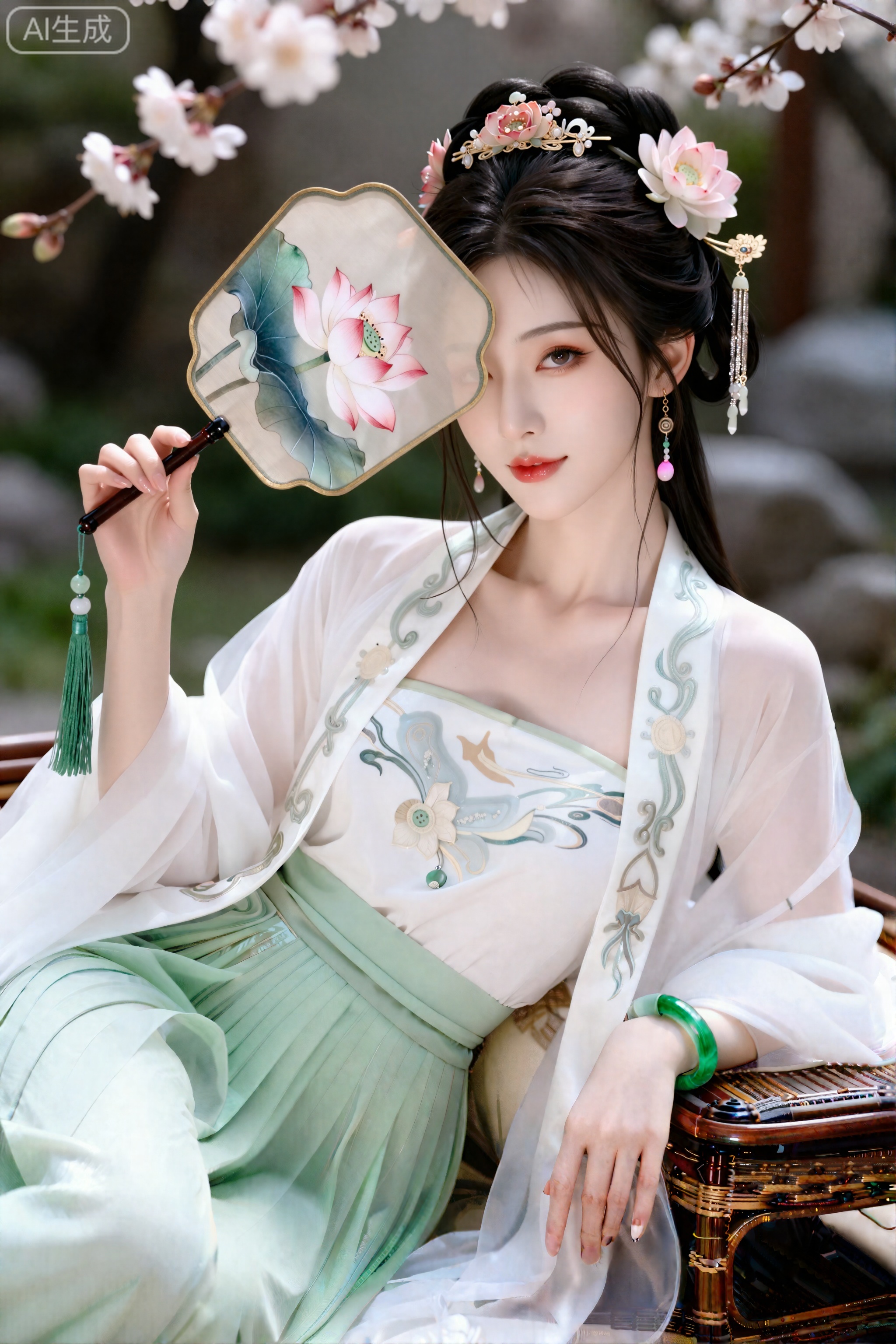 杰作,最佳画质,高质量,,（黑色色头发：1.4）,（超长腿：1.3）,（细腿：1.4）,一个女孩,绝色美女,古代四大美女,桃花眼,远山眉,元气少女妆,肌肤如雪,卡姿兰大眼睛,绢花发钗,华丽发饰,步摇盘发,搭配耳饰和项链,互相呼应。一身白色刺绣绫罗纱衣,内搭同色刺绣中衣,衣领微窄,露出雪白纤细的脖颈,白玉无瑕,犹如凝脂。刺绣罗衣,带着张扬与洒脱,臂挽轻纱,与身后园林春色相映。她静立花前,治愈的温柔,宛若从春日诗行里走出的清雅画中人。真人照片,专业摄影,64K高清壁纸,高清壁纸,各种角度,冷白皮,傲人身材。真实摄影,浅绿色齐胸襦裙的丽颖侧卧藤编美人榻,右手执素纨扇半掩面容,扇面绘着盛开的荷花。左手无名指勾住扇坠流苏,腕间翡翠镯子滑落至肘弯。头发松松绾成惊鸿髻,碎发垂落颈侧,眼神透过扇骨缝隙流露,对角线构图强化扇面开合的动态张力,柔光滤镜营造闺阁春困的慵懒氛围,情绪写真,脸部清晰,柔和侧光,发丝光,五官立体,身材完美,陶瓷肌肤,皮肤光滑白皙,水润樱桃唇,高级美颜,高级磨皮,高级去噪,高级柔光,32K高清画质,32K细腻真人皮肤纹理,背景虚化,前景虚化,高清真人版。