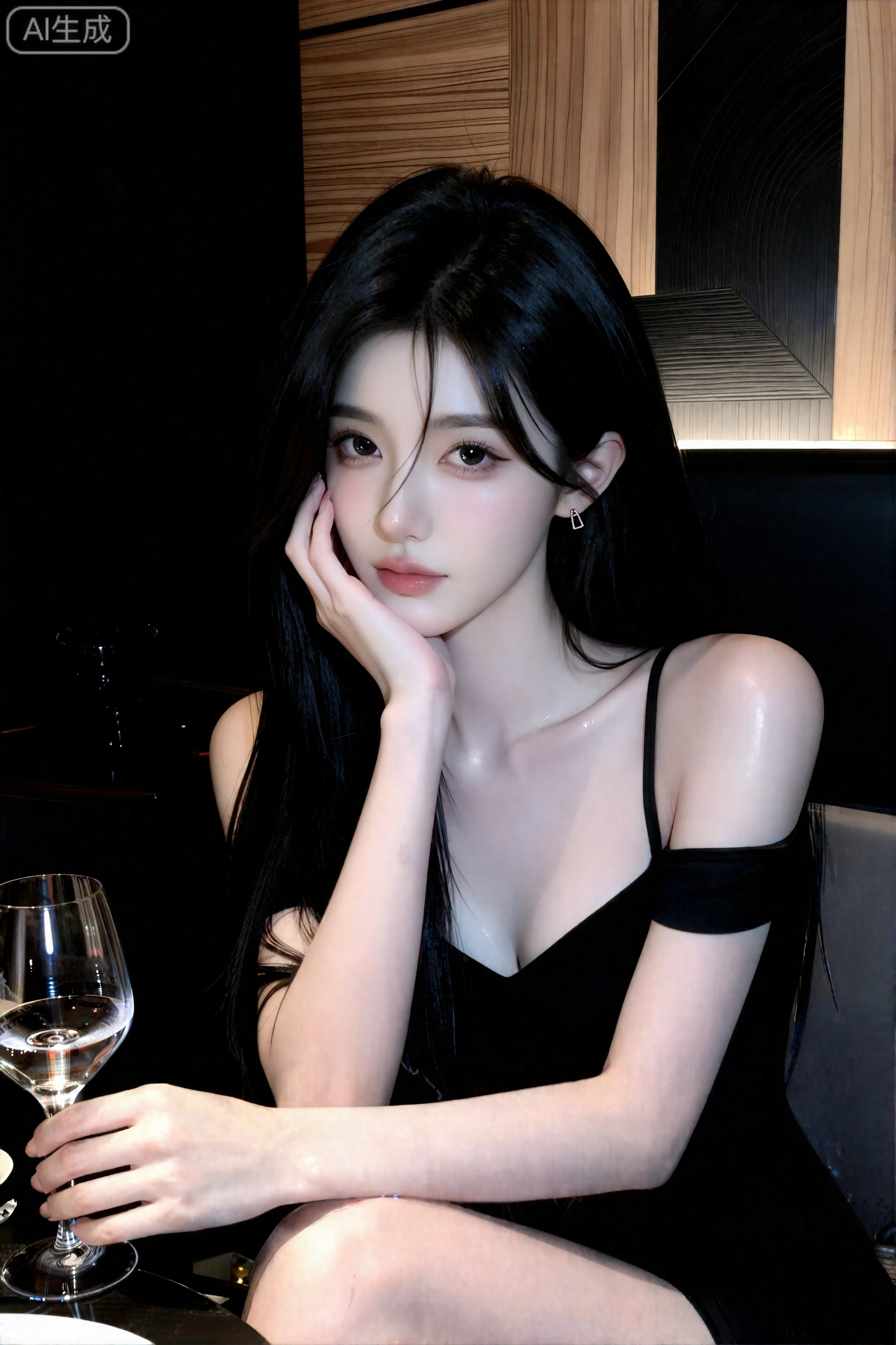 杰作,最佳画质,高质量,,（黑色色头发：1.4）,（超长腿：1.3）,（细腿：1.4）,一个女孩,坐在室内的餐桌旁,正视镜头,人物面部有打光,表情俏皮可爱。身着黑色吊带衣物,一只手托着脸颊,另一只手拿着一个小酒杯。桌上摆放着装有液体的容器以及几个杯子,背景是比较个性有时尚设计感的墙面,有木质纹理的装饰,整体装饰低调奢华有内涵,整体背景环境光线较暗,明暗对比更突出人物,营造出一种静谧、有氛围感的氛围。黑长直,年轻娇小,发丝呈现出自然的蓬松感与垂坠感,长发散落于肩头两侧,几缕发丝拂面,冷白皮气质美女,纯欲风,皮肤白皙,偶像气质,fairskin,光滑,水润质感,露肩露锁骨,全身特写,细腻水嫩肌肤,偏冷白皮白皮肤,皮肤白皙细腻,64K高清画质,64K细腻真人皮肤纹理,精致的耳钉,露出肩和锁骨,精致五官