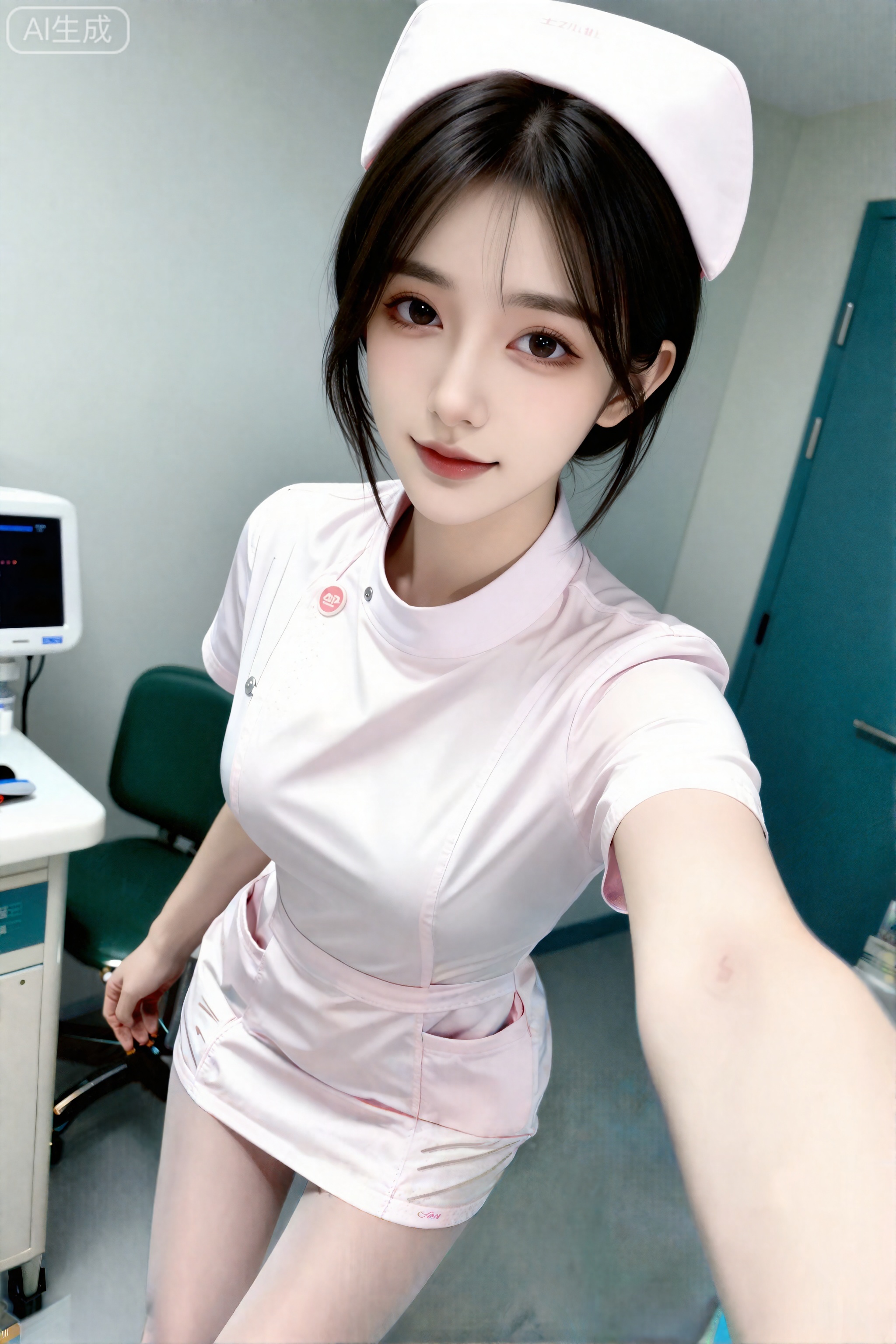 杰作,最佳画质,高质量,,（黑色色头发：1.4）,（超长腿：1.3）,（细腿：1.4）,一个女孩,18岁超美可爱护士,五官端正,精致妆容,高挑身材,细腻陶瓷水嫩肌肤,冷白皮,随机时工作场景,记录一天工作的自拍照片,随机的动作,随机的光影,随机的背景,随机的表情,总体有很多的不确定性,饱满挺拔,s曲线,真人实拍,高清画质,衣服紧绷,