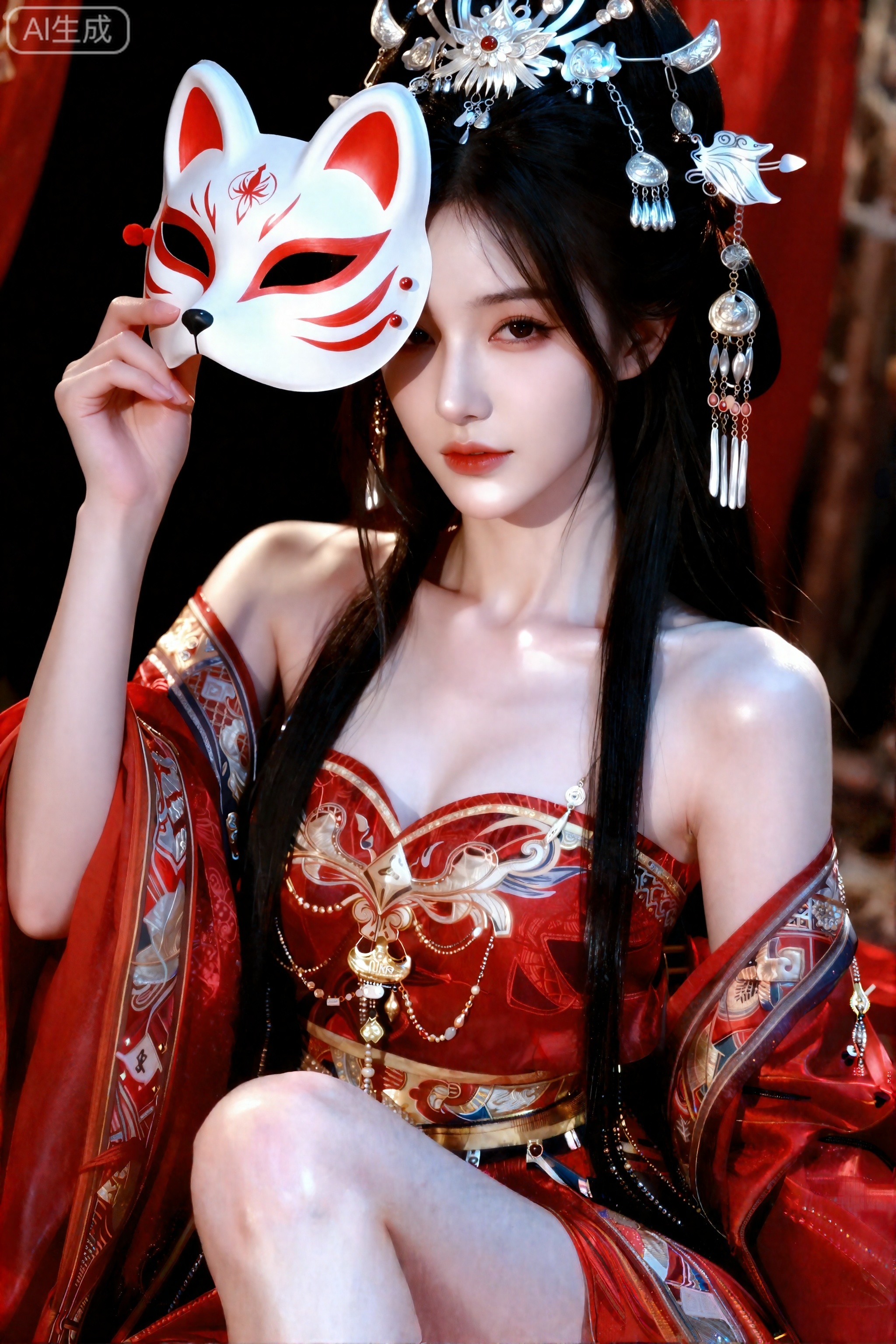 杰作,最佳画质,高质量,,（黑色色头发：1.4）,（超长腿：1.3）,（细腿：1.4）,一个女孩,写真风,皮肤雪白无暇,质感光照,自然光线,质感十足,摄影风格。傲人身材,柔软流畅,超高细节。真人,美女,超高细节,黑头发上戴着繁华的银饰,妖治,狐狸元素,衣服洒红色为主,有一种祸国殃民的美感,华丽风格,神装,神圣感,透光感,玻璃感,绝美。图片风格为写真,身上有大量绫罗绸缎锦绣纱,金银珠宝
人像摄影,日常快照风格,非精心构图或打光,上半身特写,神情忧郁妖冶少女,冷白皮,时尚穿搭,瓜子脸尖下巴,皮肤白皙,底妆通透,肤色均匀自然,纯欲风。身材傲人,发丝清晰可见,皮肤白皙,底妆通透,肤色均匀自然,纯欲风。光线柔和自然,非均匀打光,表情自然,照片毫无修饰感,带有生活真实感。ccd拍照感,iphone实拍,真人,真实生活,手持狐狸面具