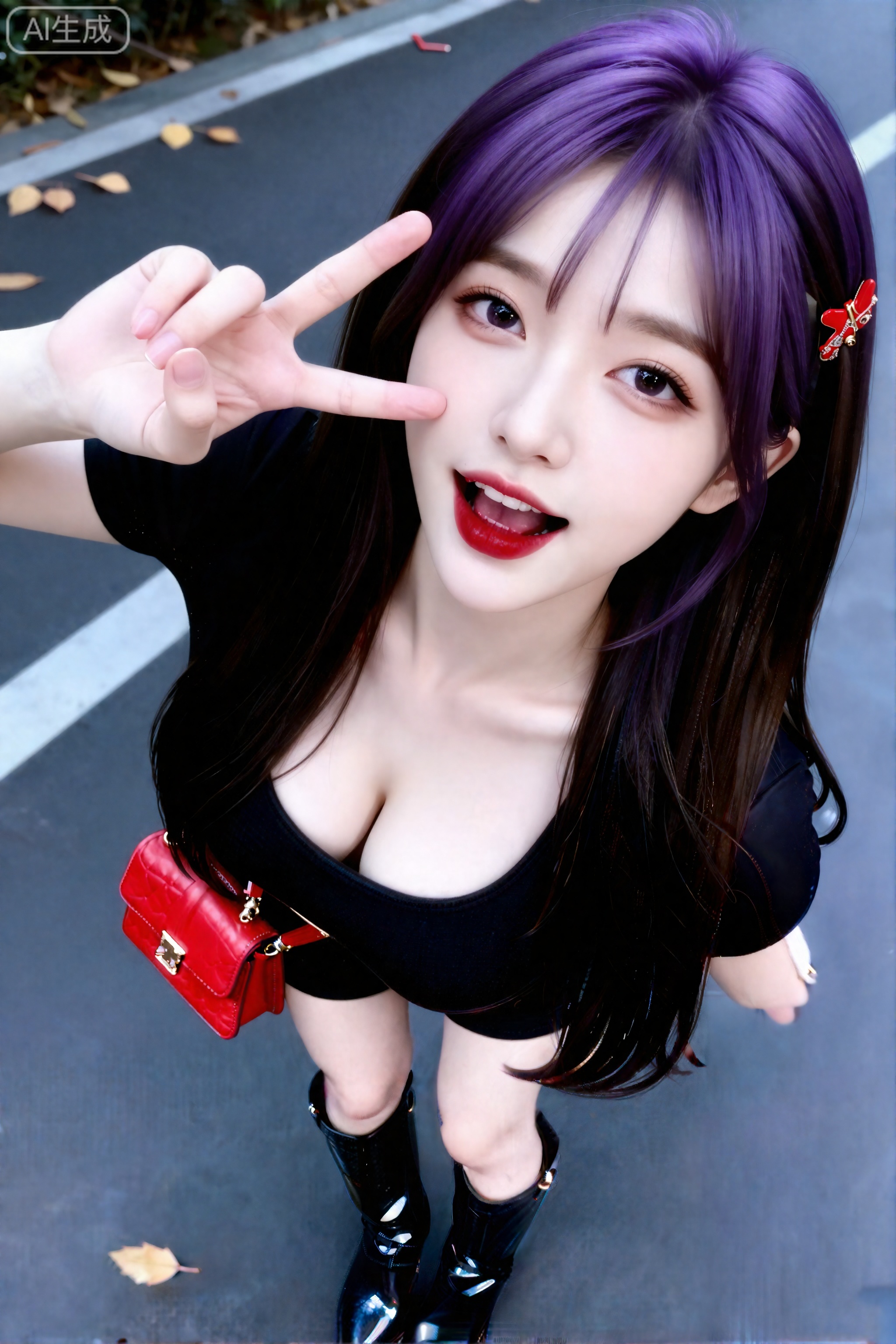 杰作,最佳画质,高质量,**,（紫色头发：1.4）,（超长腿：1.3）,（细腿：1.4）,一个女孩,人物露出整张脸和头发,人物是一位20岁年轻漂亮亚洲模特,高颜值,五官好看,面容精致,皮肤白皙。嘴唇是浅红色,眼睛自然明亮好看,发型是深棕色长发,人物是好看的,精致的。穿着黑色皮靴,头上戴着精致红色小发夹,不要图中包包,人物斜挎着红色精致小包场景是室外场景,在路边地上有散落的叶子,人物微微歪着头看镜头张大嘴巴笑,一只手比V在脸部.一只脚微微翘起.服饰拍照,突出人物妆容,衣服细节高清