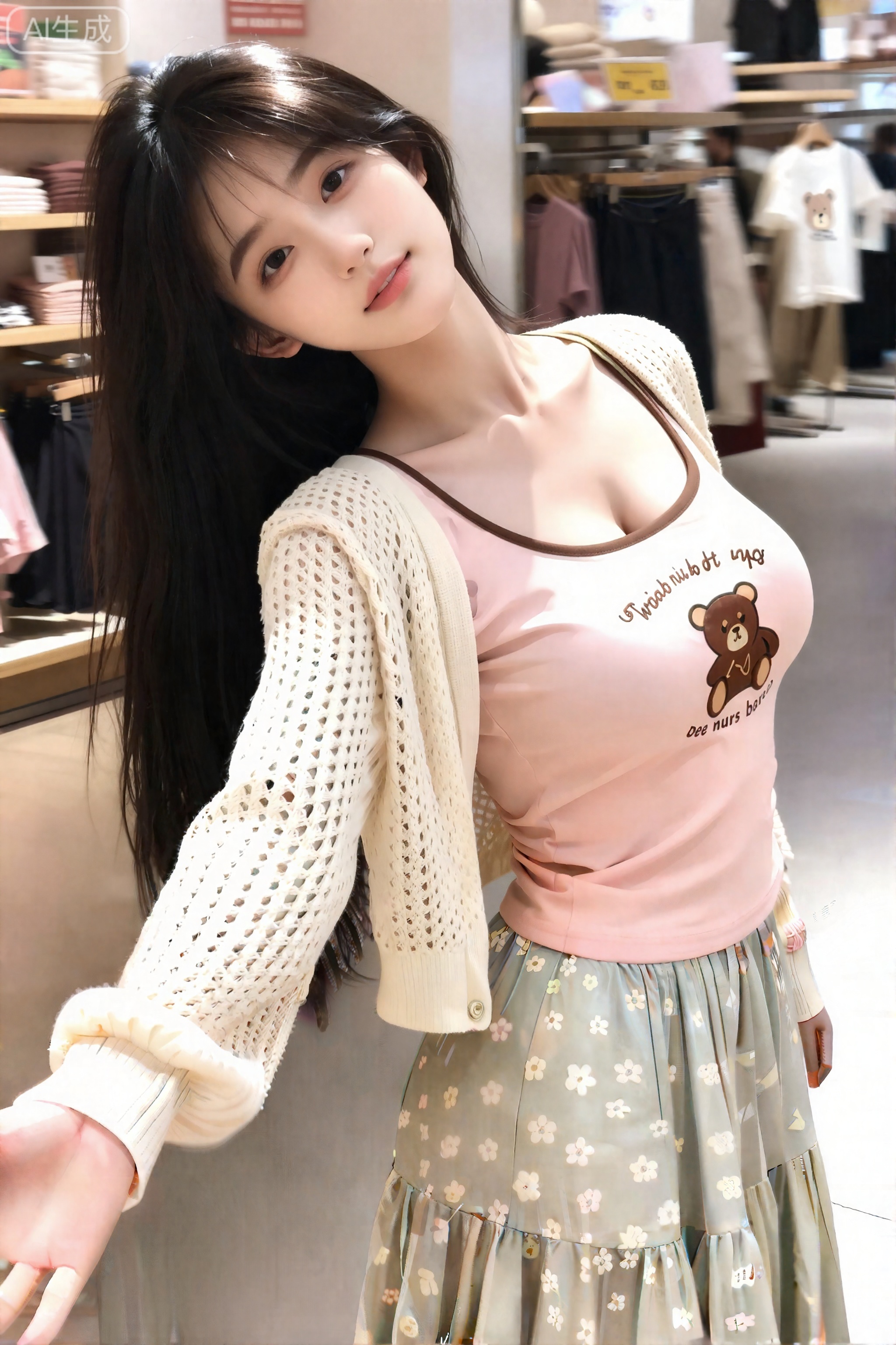 杰作,最佳画质,高质量,,（黑色色头发：1.4）,（超长腿：1.3）,（细腿：1.4）,一个女孩,写实摄影风格（非商业修图）,CCD拍摄质感,大师作品级氛围,保留轻微噪点,高光不过曝,阴影有细节；晴天环境,柔和光线笼罩整体,增添梦幻朦胧感,阳光透过发丝照在脸上以突出自然肌肤状态；拉肩带,在商场,回头,一只手伸向镜头,随意抓拍构图（无刻意构图感）,呈现生活中绚丽日常的贴近写实感；画面因快门速度不足产生轻微运动模糊,存在轻微阳光不均导致的过曝；主体为19岁漂亮网红气质女生,长发及腰、模样似洋娃娃般可爱,高鼻梁、瘦身材瘦脸型；女生表情自然松弛慵懒,眼神自然不失真（可看镜头或不看镜头）,整体神态灵动又不失随性,尽显慵懒悠闲状态；整体为唯美的氛围感情绪片,无清晰主体,似非常普通的iPhone拍摄视角,纯欲风,葫芦形S身材,上围挺拔,沙漏型身材,傲人身材,胸部丰满挺拔,胸廓清晰,- 外搭：米白色的针织开衫,采用镂空编织纹理,版型宽松休闲,增加了穿搭的温柔感。
​
- 内搭：浅粉色的短袖T恤,印有棕色小熊图案及英文装饰,风格可爱俏皮。
​
- 下装：浅灰绿色的长款碎花半身裙,裙摆带有多层设计,花朵图案清新淡雅,整体呈现出温柔甜美的日常穿搭风格