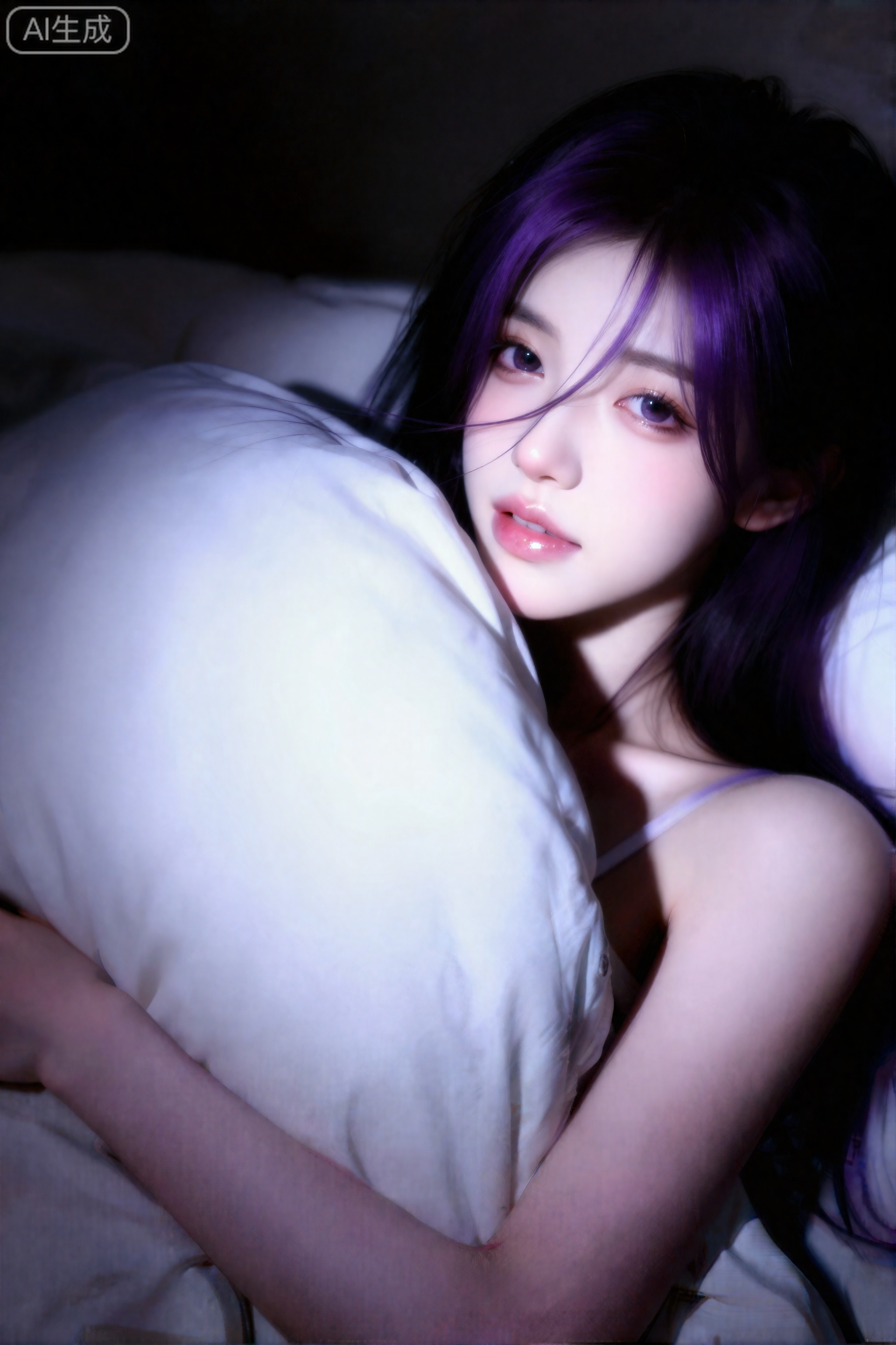 杰作,最佳画质,高质量,**,（紫色头发：1.4）,（超长腿：1.3）,（细腿：1.4）,一个女孩,室内场景,主体是超高颜值美少女。乌黑长发,侧躺在枕头上,从被子里露出脸,抱着被子,一缕发丝拂面,侧躺着面对镜头,甜美娇羞表情,纯欲风。超高颜值美女情绪氛围感,INS风,复古,,动态美学,朦胧美学,写意,前卫艺术,细节丰富,高级感,杰作,营造柔和朦胧氛围（暗色调、光影细腻）的女性人像,古早味,网感,模糊。妆容自然,网感头像,人物明亮,冷白皮,水光唇。