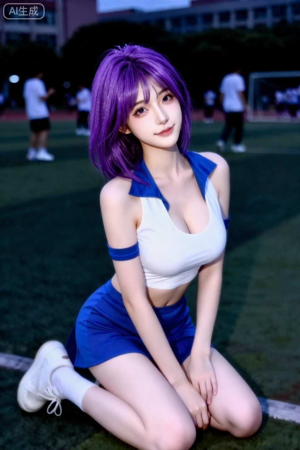 杰作,最佳画质,高质量,**,（紫色头发：1.4）,（超长腿：1.3）,（细腿：1.4）,一个女孩,手机拍摄风格,低分辨率,一位皮肤白皙的甜美女孩,带有少女感,发型酷飒,是一名舞者,身形纤瘦,身着蓝白相间的校服,皮肤清冷白皙,跪坐在校园操场边缘,眼神专注,瞥向镜头,嘴角带着自然的微笑,给人一种亲近感,增添了几分真实感,头发带有逆光效果,背景中的学生正在进行活动或交谈,动态模糊。