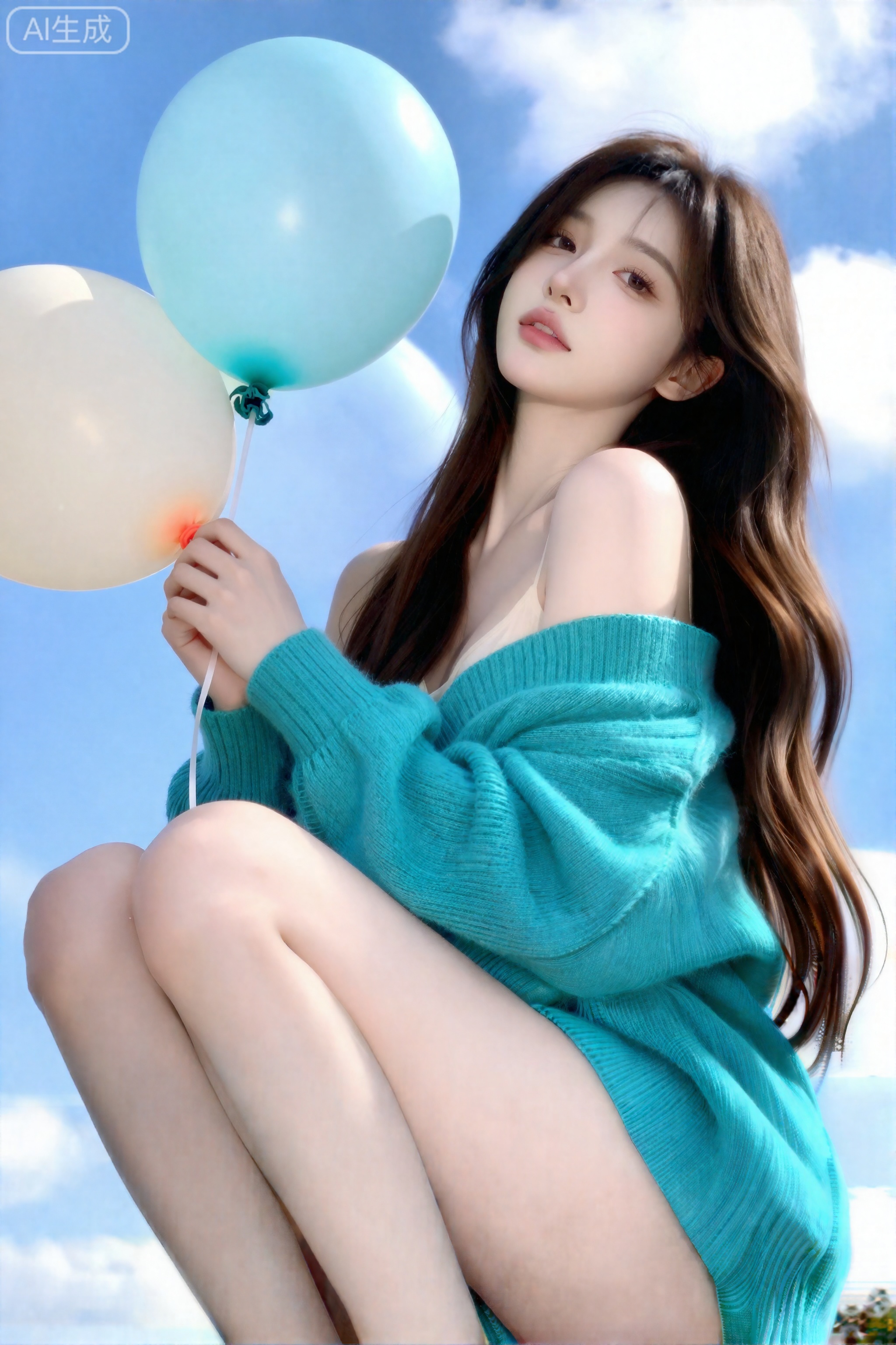 杰作,最佳画质,高质量,,（黑色色头发：1.4）,（超长腿：1.3）,（细腿：1.4）,一个女孩,少女感网拍,冷白皮超美女孩,清透裸妆,户外场景,仰拍镜头,正脸看镜头,蓝天白云,棕色长发,纯欲感,白嫩嫩的皮肤,如琼玉般润滑,蓝绿色慵懒针织外套,手拿气球,纯欲朦胧滤镜,氛围感,姿态慵懒,整体姿态传递出一种沉浸在自我风格中的独特韵味,尽显软萌气质,高颜值