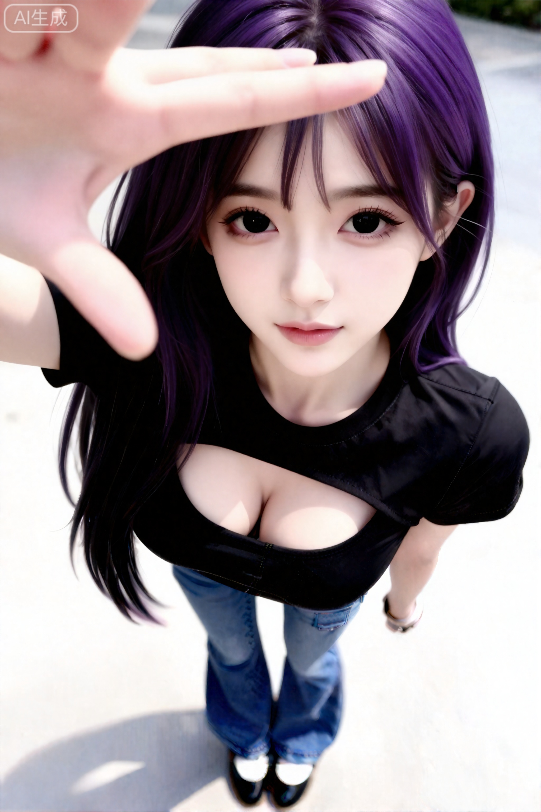 杰作,最佳画质,高质量,**,（紫色头发：1.4）,（超长腿：1.3）,（细腿：1.4）,一个女孩,日常快照高质量人像,全身照,傲人身姿,冷白皮,脸型精致妆容精致鼻梁高挺,发量多又长、发丝清晰可见,表情灵动,看着镜头,绝美眼睛,精致脸蛋黑色瞳孔,黑直长发,现场感,动态抓拍,高颜值纯欲少女,温柔,极具女性魅力,空灵感,清新脱俗,超清画质,青春气息,细节刻画入微,面部特写,浓颜系,美颜暴击,穿着黑色美式辣妹风潮t搭配阔腿牛仔裤,idol,绝美构图,可爱动作,室外,手自然放松的遮太阳
