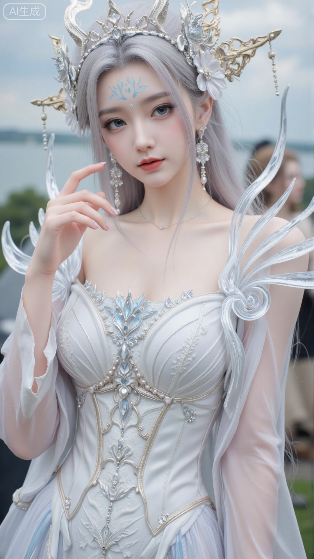 1girl, white wedding dress,looking at viewer, mischevious smile, perfect body, scenery, sharp focus, best quality, masterpiece, detailed outfit, illustration, perfect eyes, finely detailed beautiful anime eyes, realistic skin, intricate details, best lighting, depth of field, ultra high resolution, cowboy_shot, bride