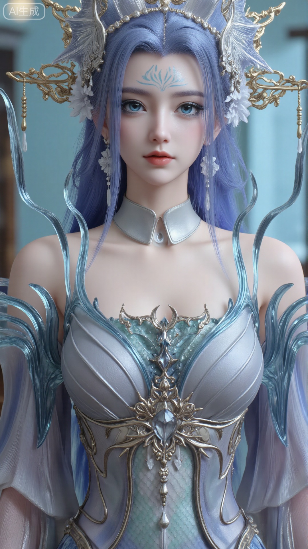 1girl, long hair, solo, dress, hair ornament, long hair, mischevious smile, perfect body, scenery, sharp focus, best quality, masterpiece, detailed outfit, illustration, perfect eyes, finely detailed beautiful anime eyes, realistic skin, intricate details, best lighting, depth of field, ultra high resolution, cowboy shot