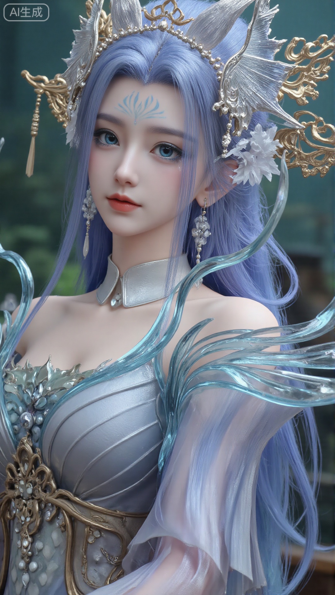 1girl, long hair, solo, dress, hair ornament, long hair, mischevious smile, perfect body, scenery, sharp focus, best quality, masterpiece, detailed outfit, illustration, perfect eyes, finely detailed beautiful anime eyes, realistic skin, intricate details, best lighting, depth of field, ultra high resolution, sitting