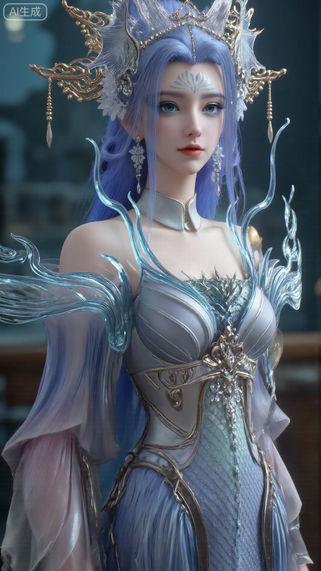 1girl, long hair, solo, dress, hair ornament, long hair, mischevious smile, perfect body, scenery, sharp focus, best quality, masterpiece, detailed outfit, illustration, perfect eyes, finely detailed beautiful anime eyes, realistic skin, intricate details, best lighting, depth of field, ultra high resolution, cowboy shot