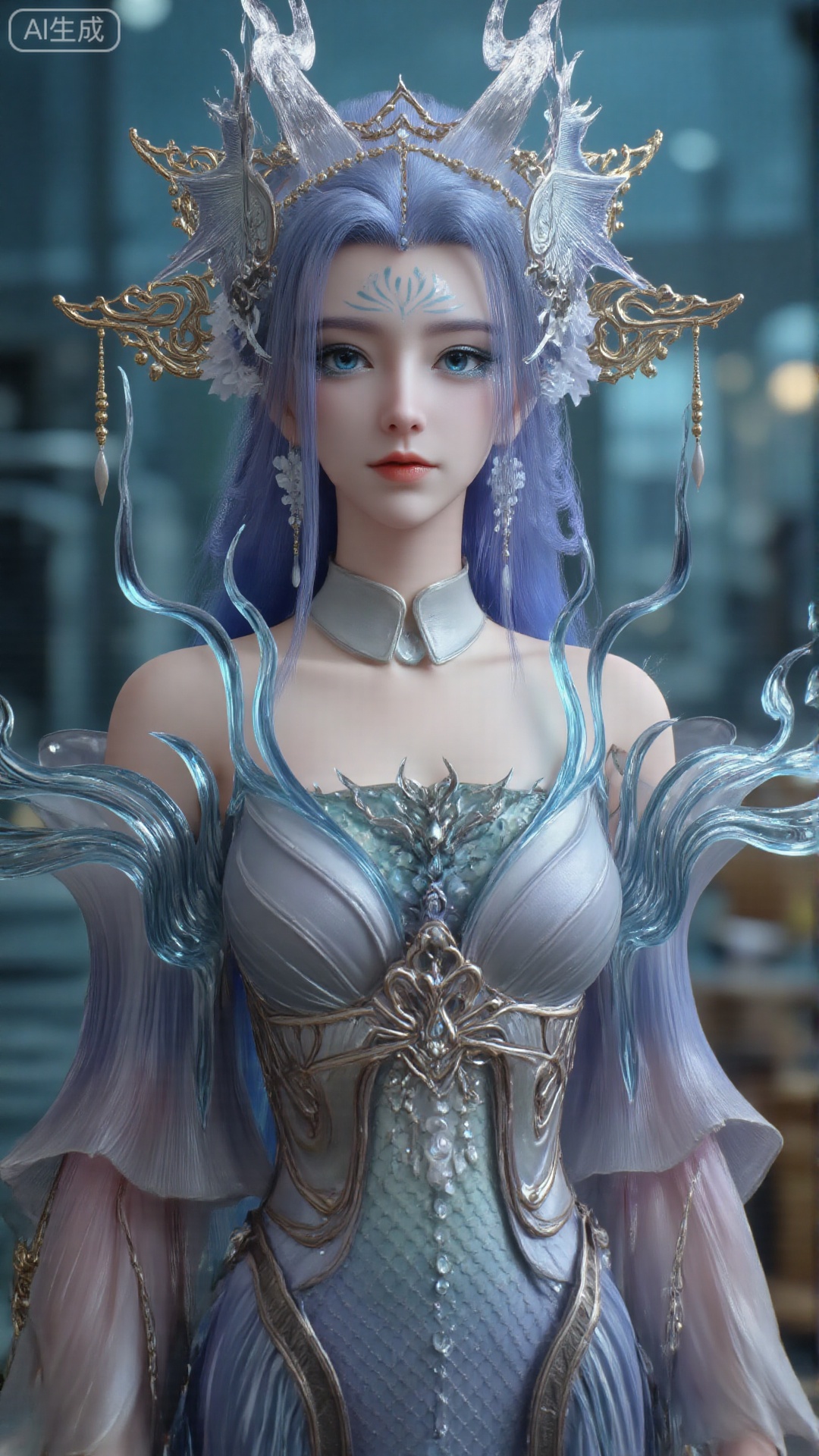 1girl, long hair, solo, dress, hair ornament, long hair, mischevious smile, perfect body, scenery, sharp focus, best quality, masterpiece, detailed outfit, illustration, perfect eyes, finely detailed beautiful anime eyes, realistic skin, intricate details, best lighting, depth of field, ultra high resolution, sitting