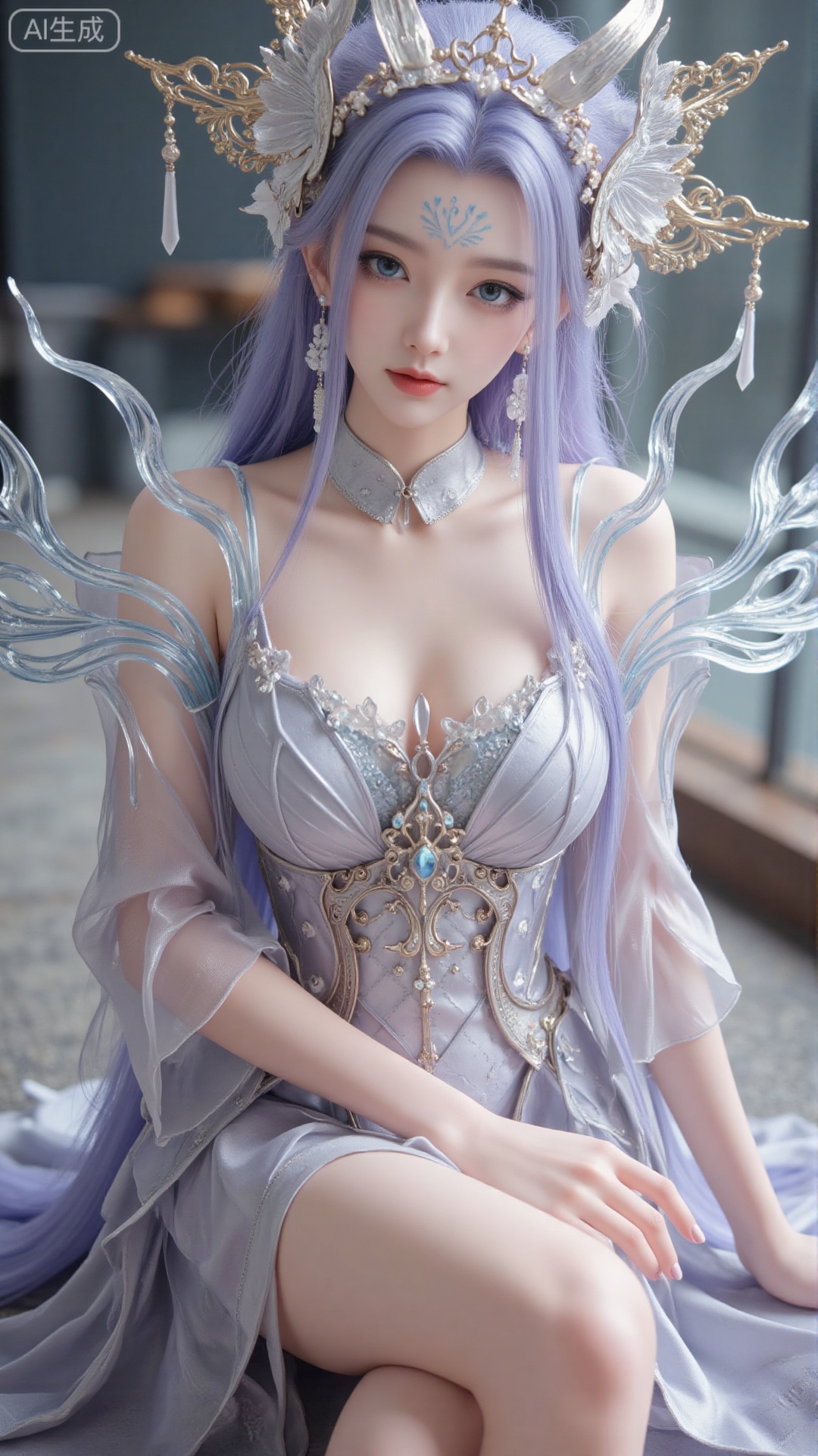 1girl, long hair, solo, dress, hair ornament, long hair, mischevious smile, perfect body, scenery, sharp focus, best quality, masterpiece, detailed outfit, illustration, perfect eyes, finely detailed beautiful anime eyes, realistic skin, intricate details, best lighting, depth of field, ultra high resolution, sitting