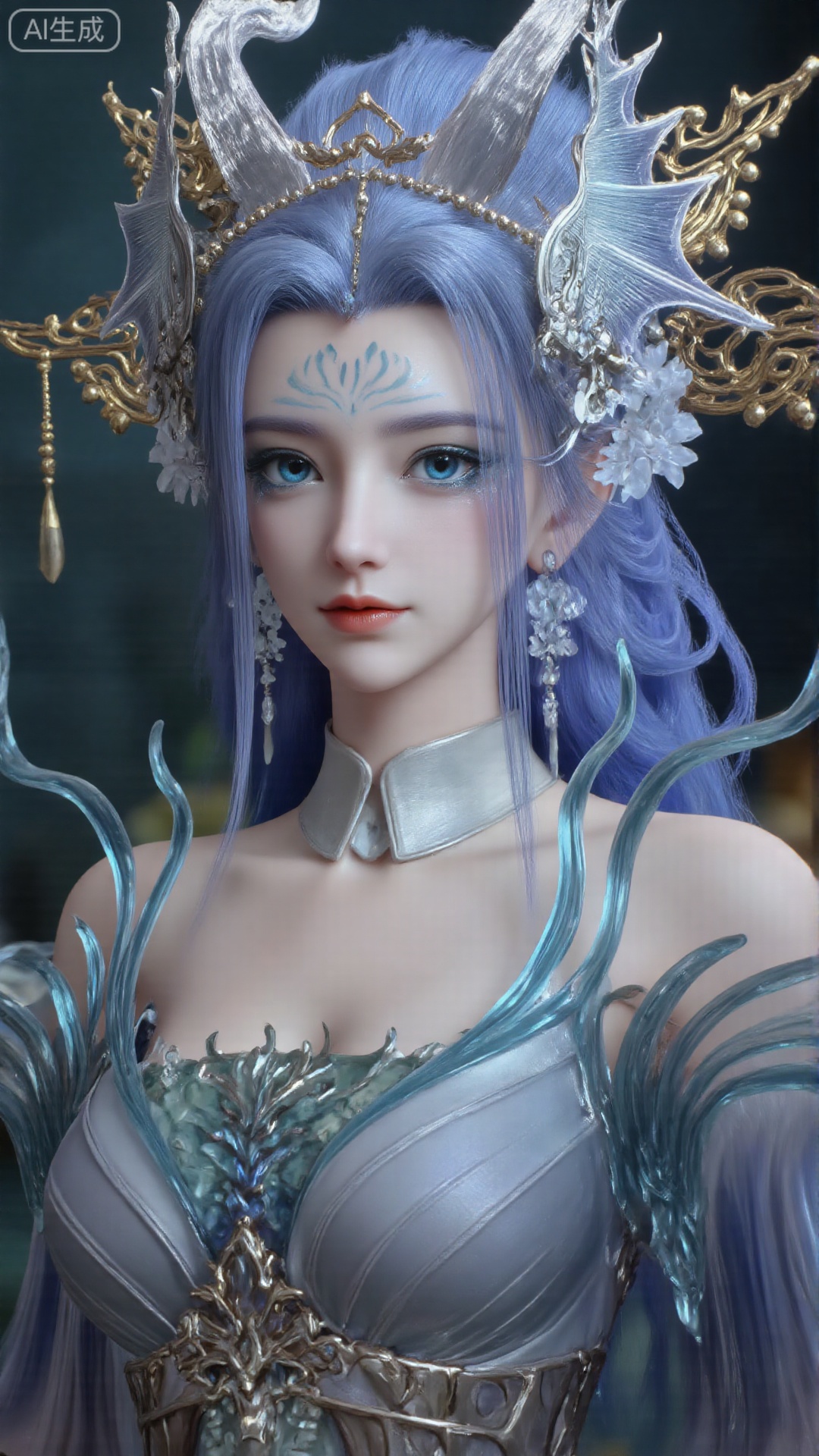 1girl, long hair, solo, dress, hair ornament, long hair, mischevious smile, perfect body, scenery, sharp focus, best quality, masterpiece, detailed outfit, illustration, perfect eyes, finely detailed beautiful anime eyes, realistic skin, intricate details, best lighting, depth of field, ultra high resolution, cowboy shot