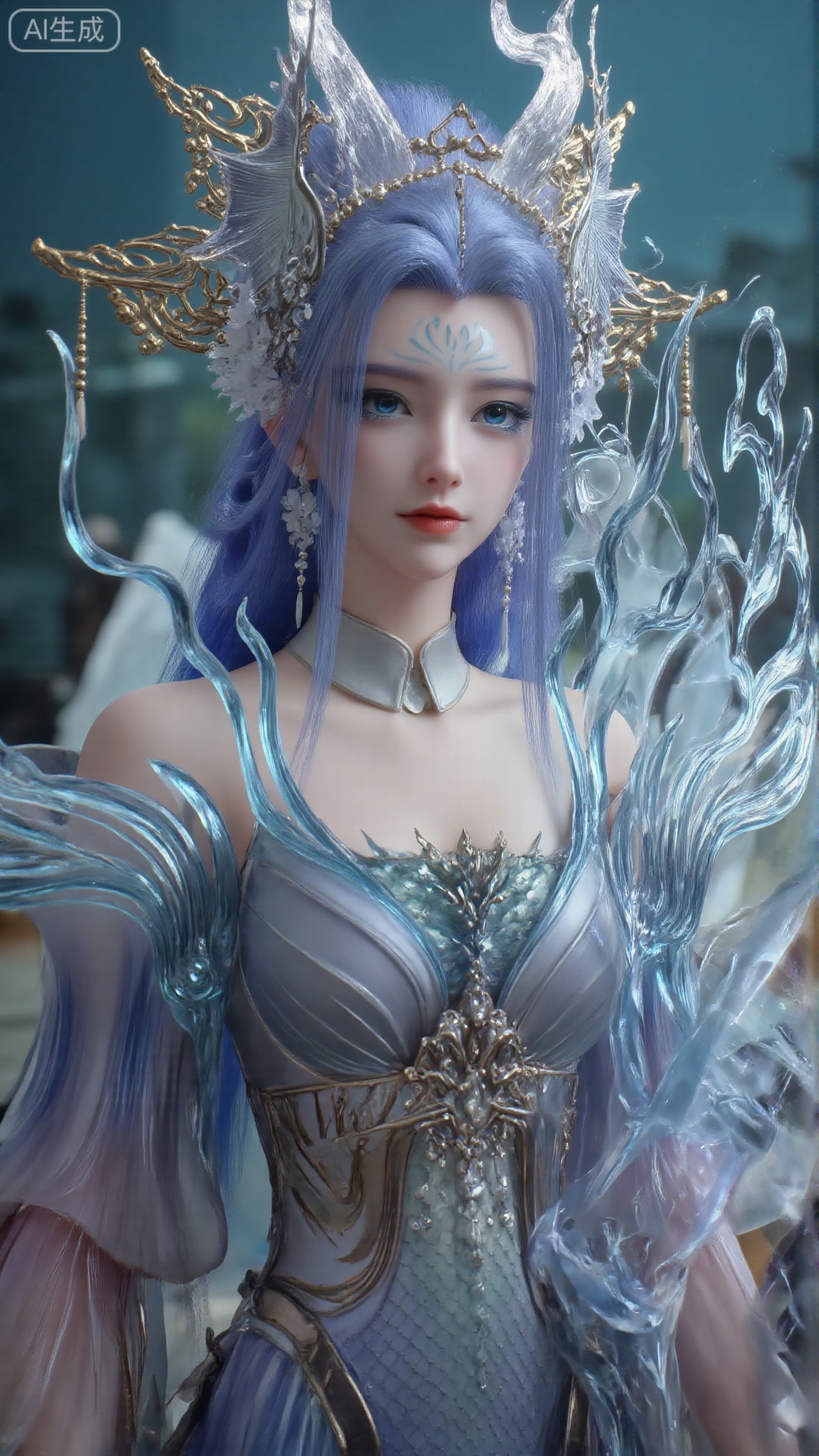 1girl, long hair, solo, dress, hair ornament, long hair, mischevious smile, perfect body, scenery, sharp focus, best quality, masterpiece, detailed outfit, illustration, perfect eyes, finely detailed beautiful anime eyes, realistic skin, intricate details, best lighting, depth of field, ultra high resolution, cowboy shot